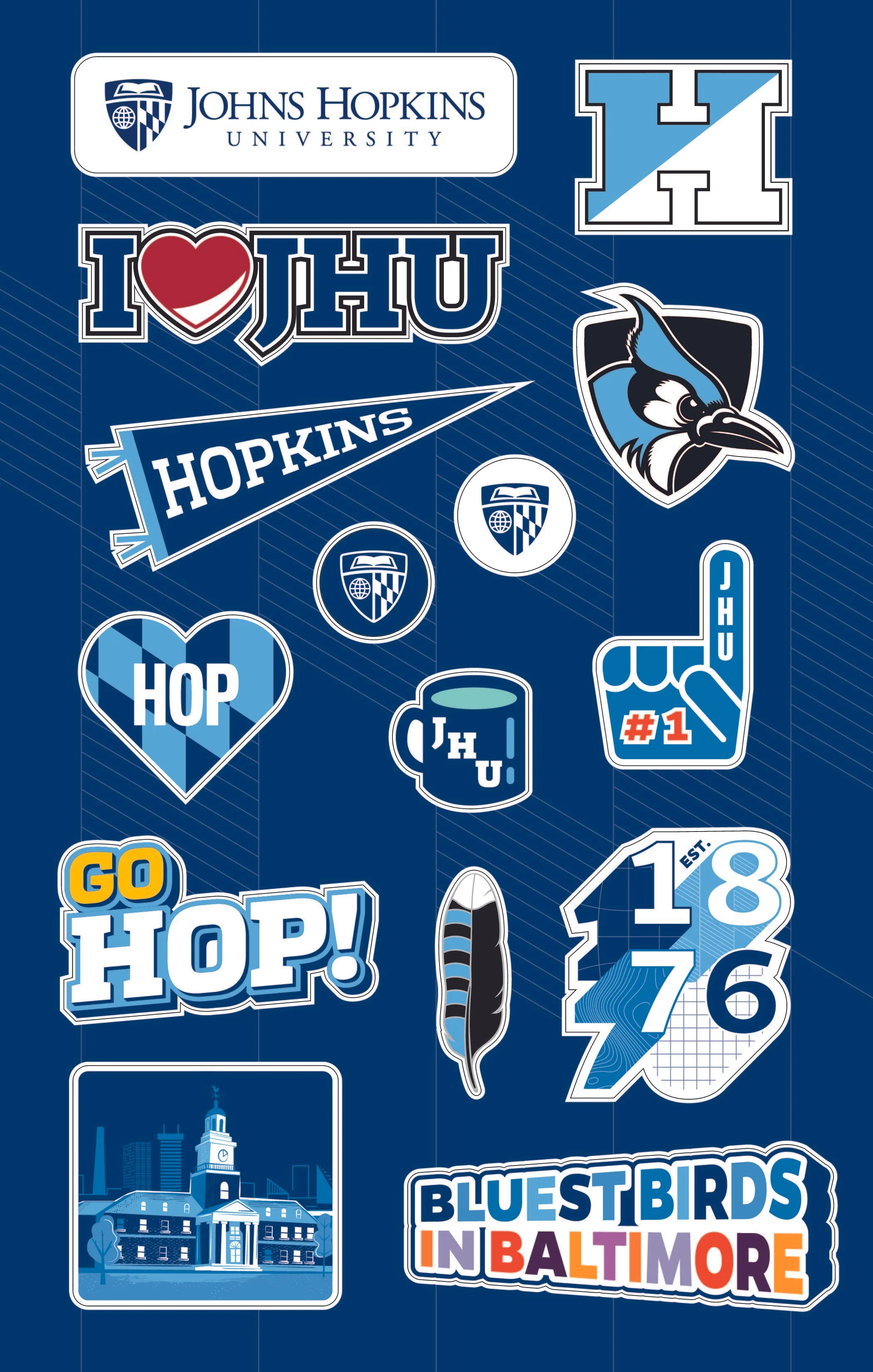 Collection of Johns Hopkins University stickers and graphics in blue, white, and red, including logos, slogans, and symbols supporting the university.