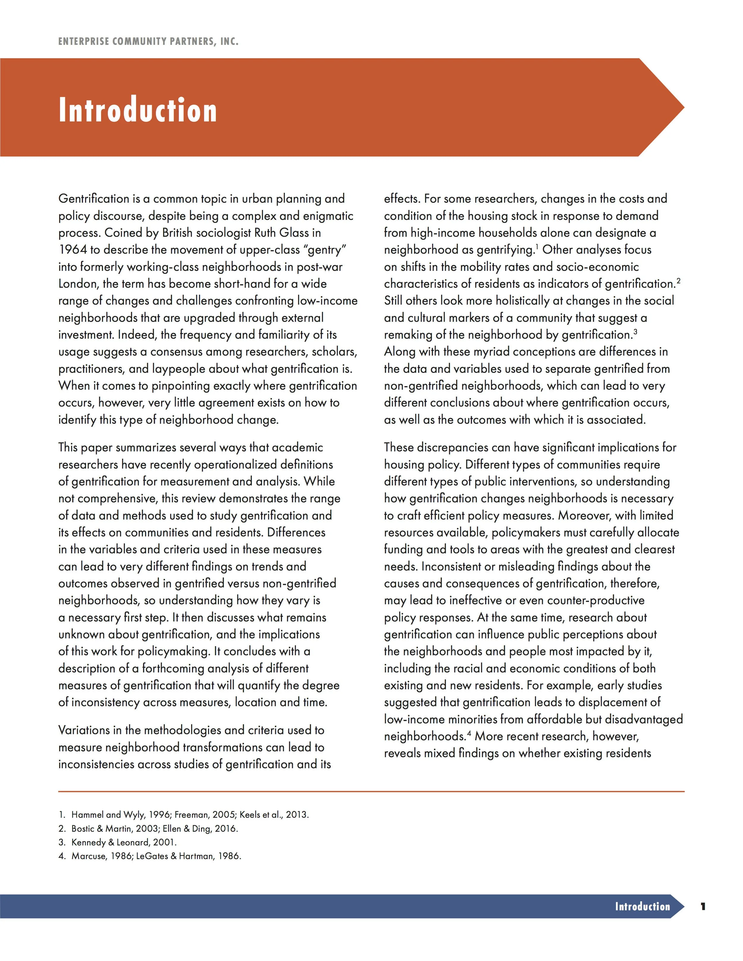 Page from a publication titled 'Introduction' discussing gentrification in urban planning, its definitions, impacts, and the challenges in measuring and analyzing it.
