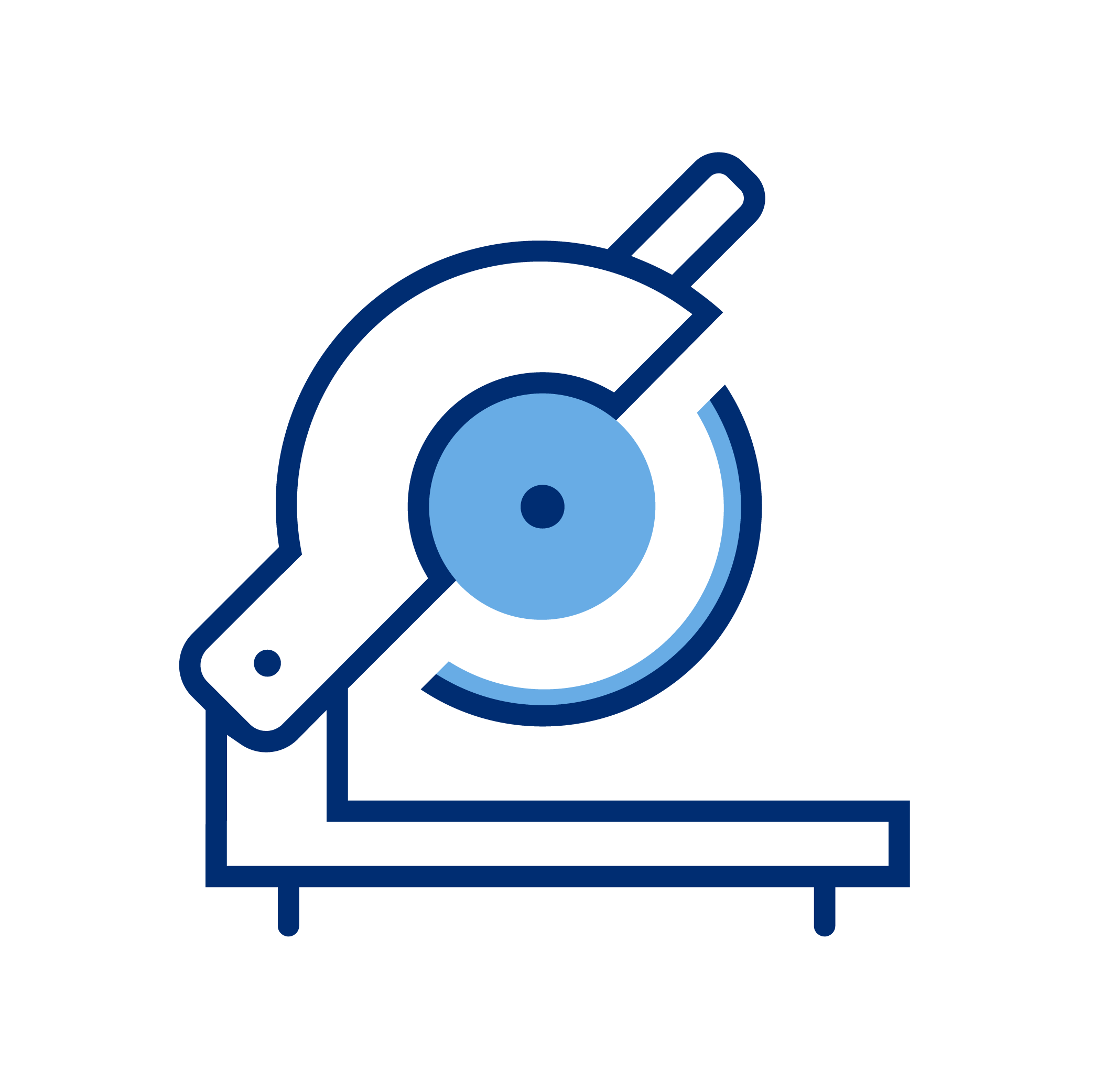 Icon of a circular saw, depicted in blue lines with a cutting blade and adjustable handle, on a black background.