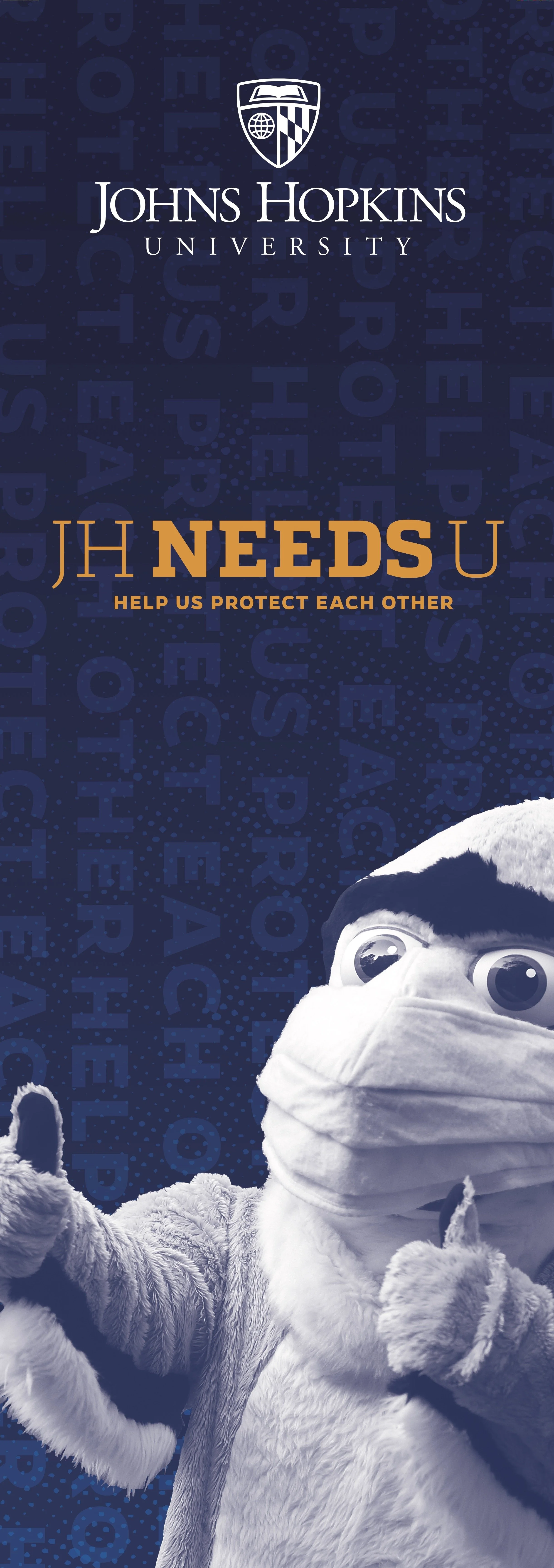 Mascot of Johns Hopkins University wearing a face mask, with the university logo and text promoting health and safety.