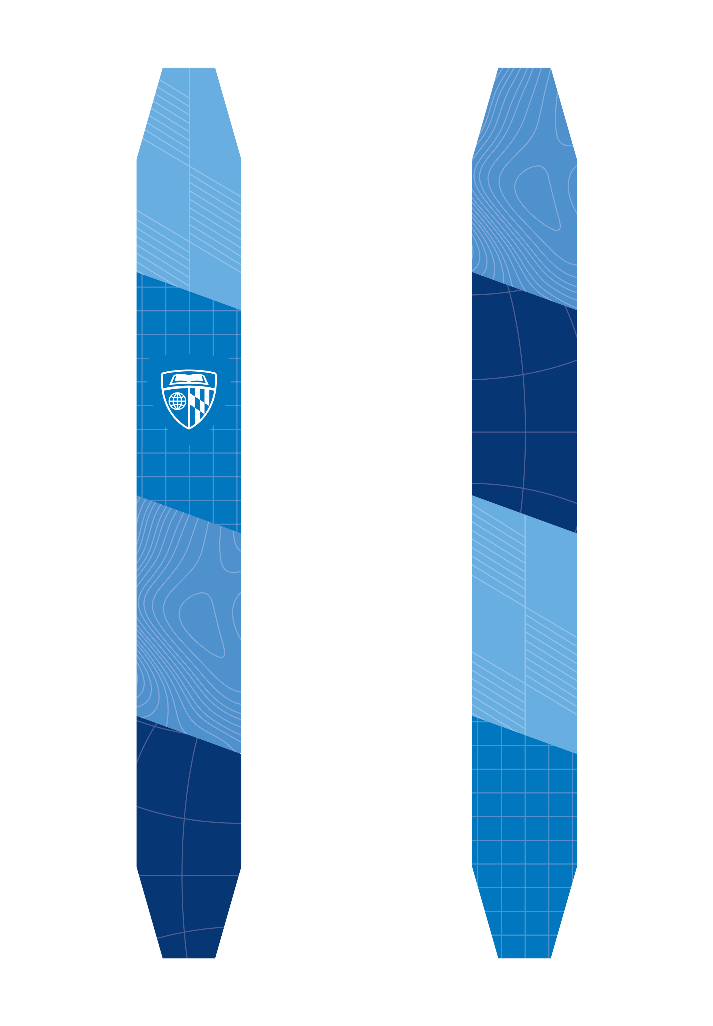 A digital graphic design with blue terrain map patterns and a shield logo on the left side.