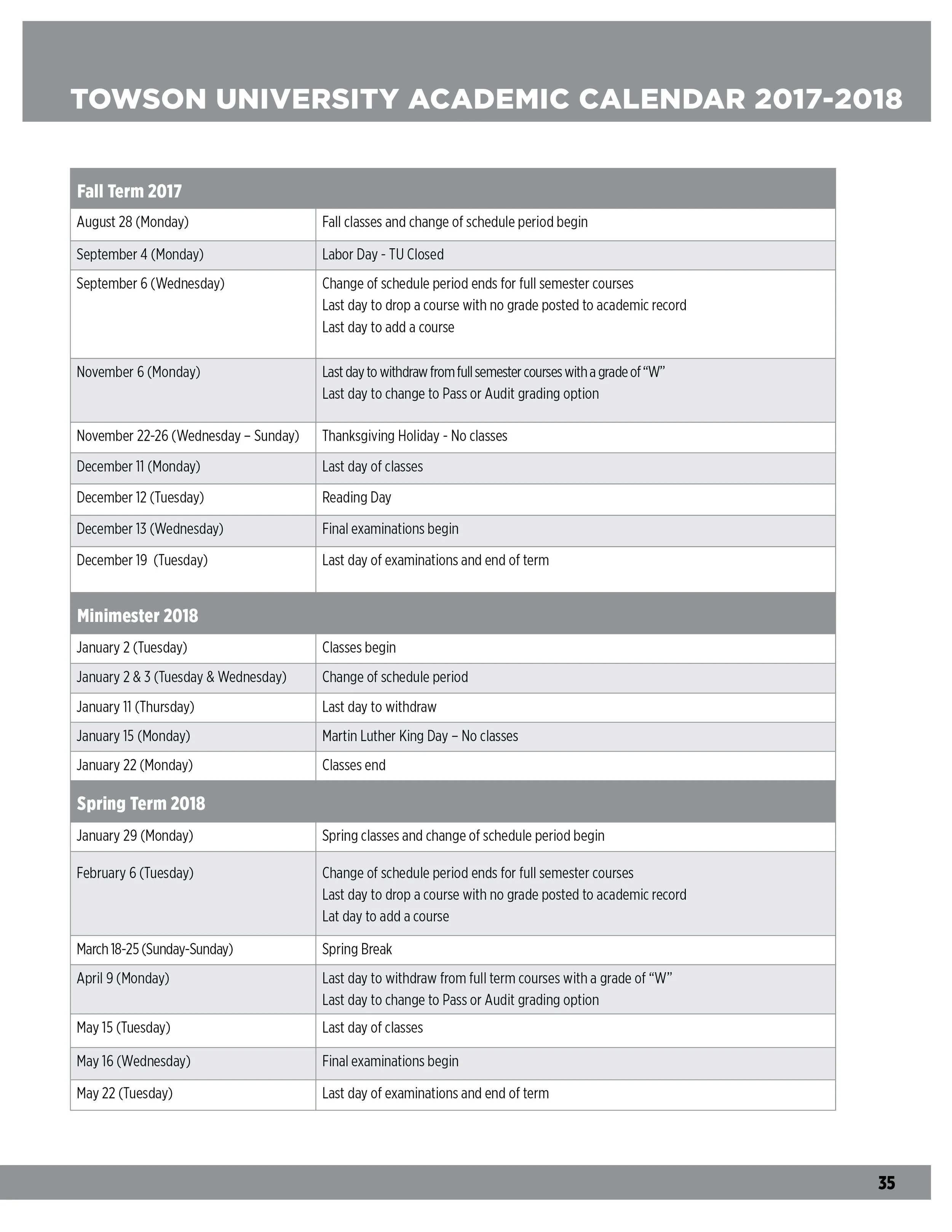 Towson University Academic Calendar for 2017-2018 showing dates for fall, winter, and spring terms, including class start and end dates, holidays, and exam periods.