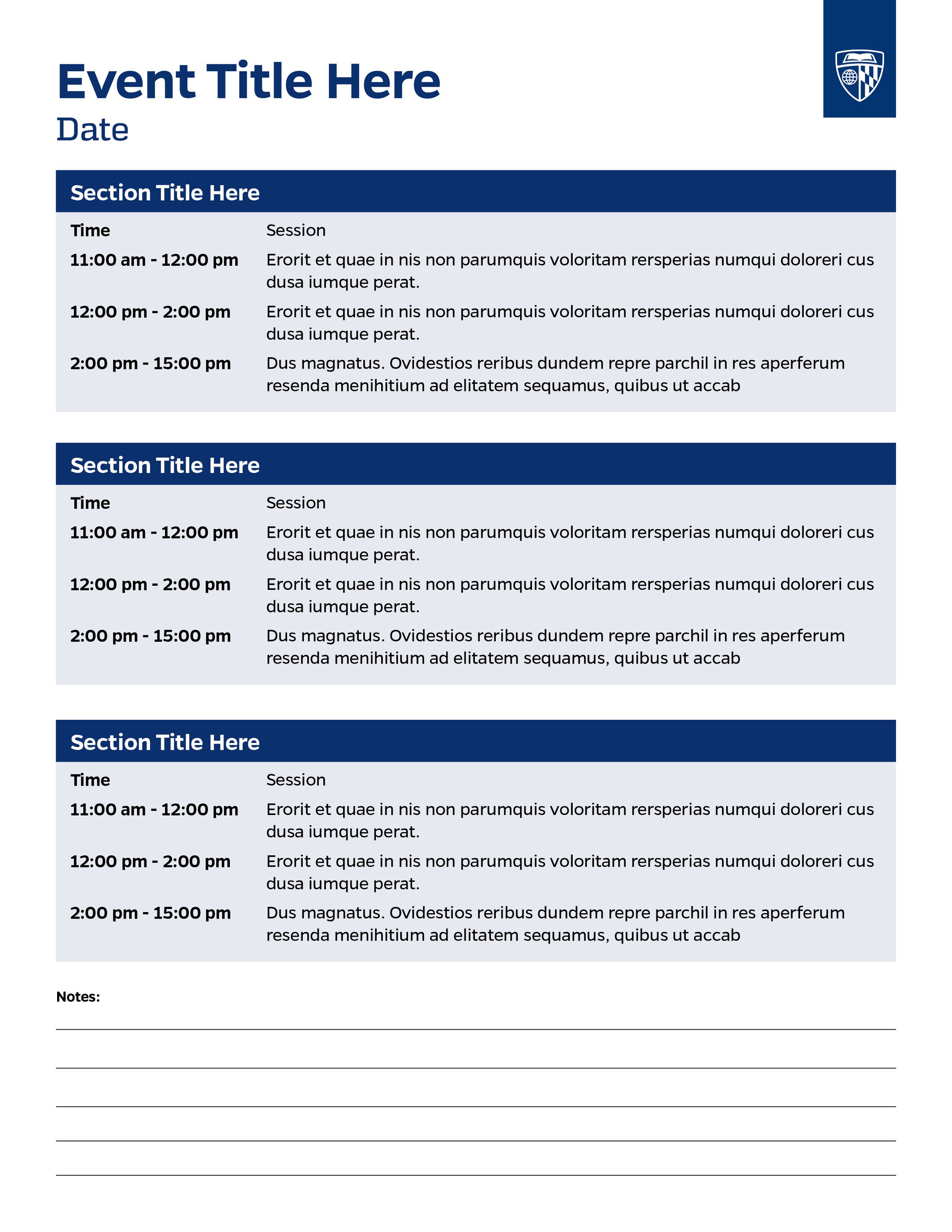 Event schedule template with four sections, each including a session title, time, and placeholder text, and a notes section at the bottom. The top right corner features a logo.