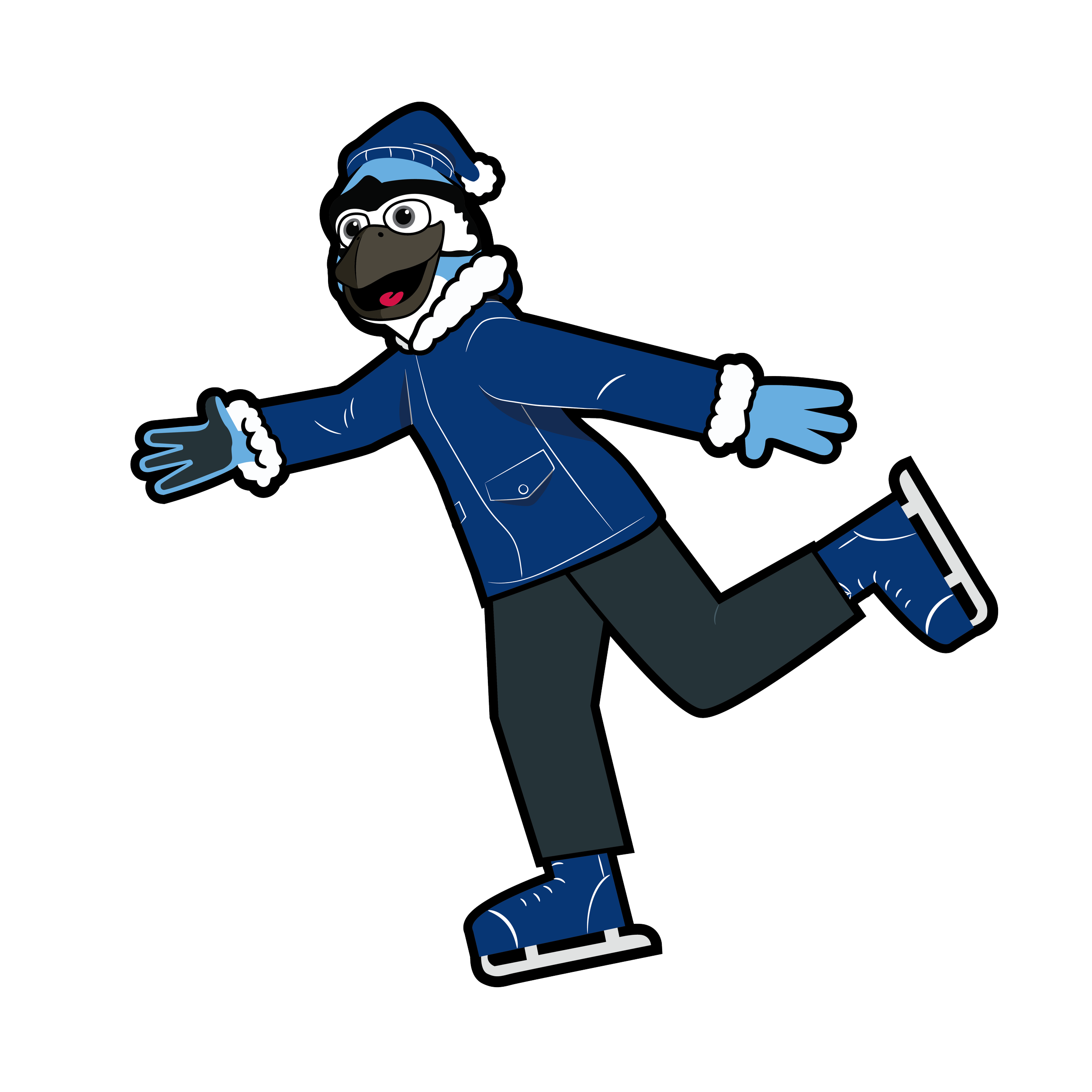 Cartoon penguin dressed in a blue winter coat, hat, gloves, and ice skates skating on ice.