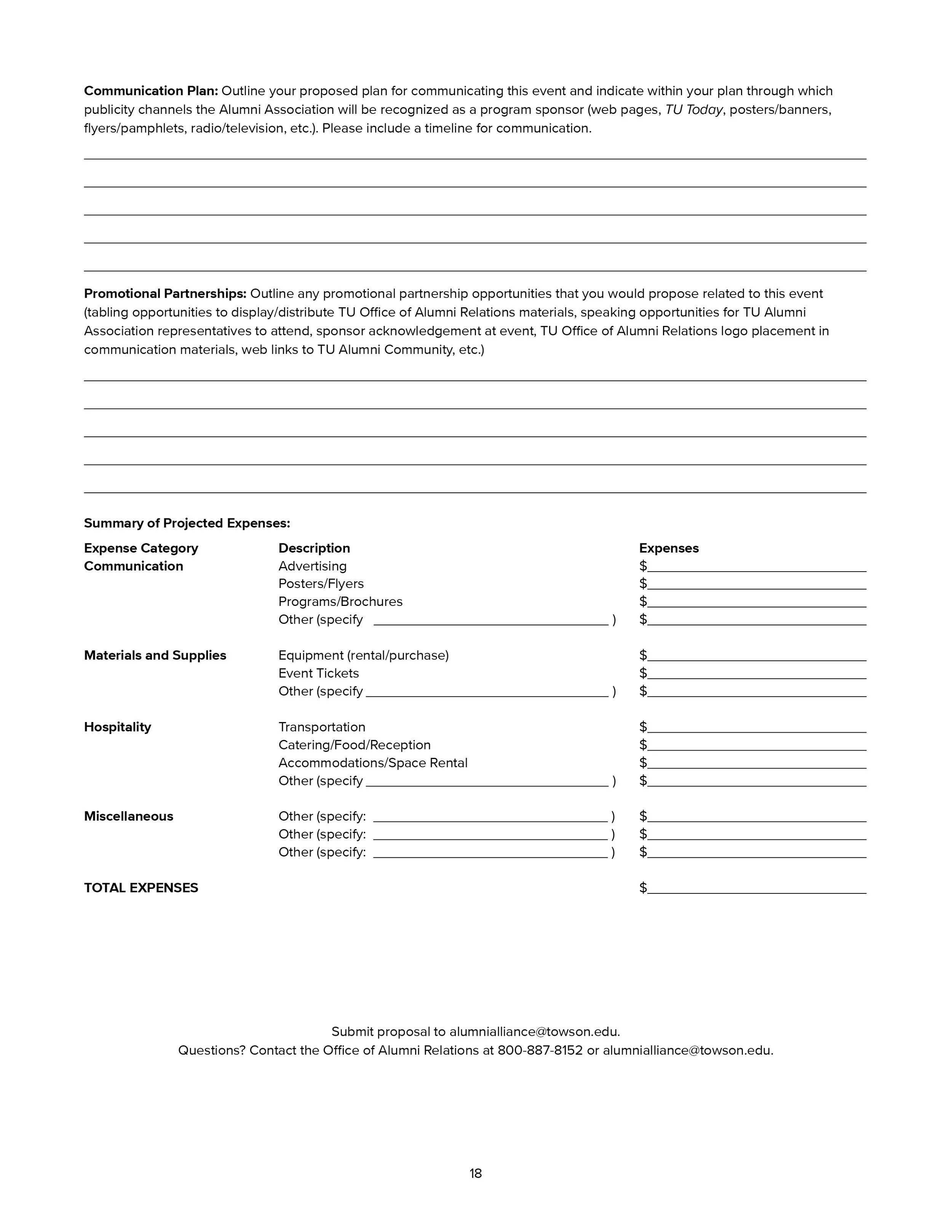 A blank event planning form with sections for communication, promotional partnerships, expenses, and miscellaneous items, listing categories like advertising, posters, programs, equipment, tickets, transportation, catering, accommodations, and other 