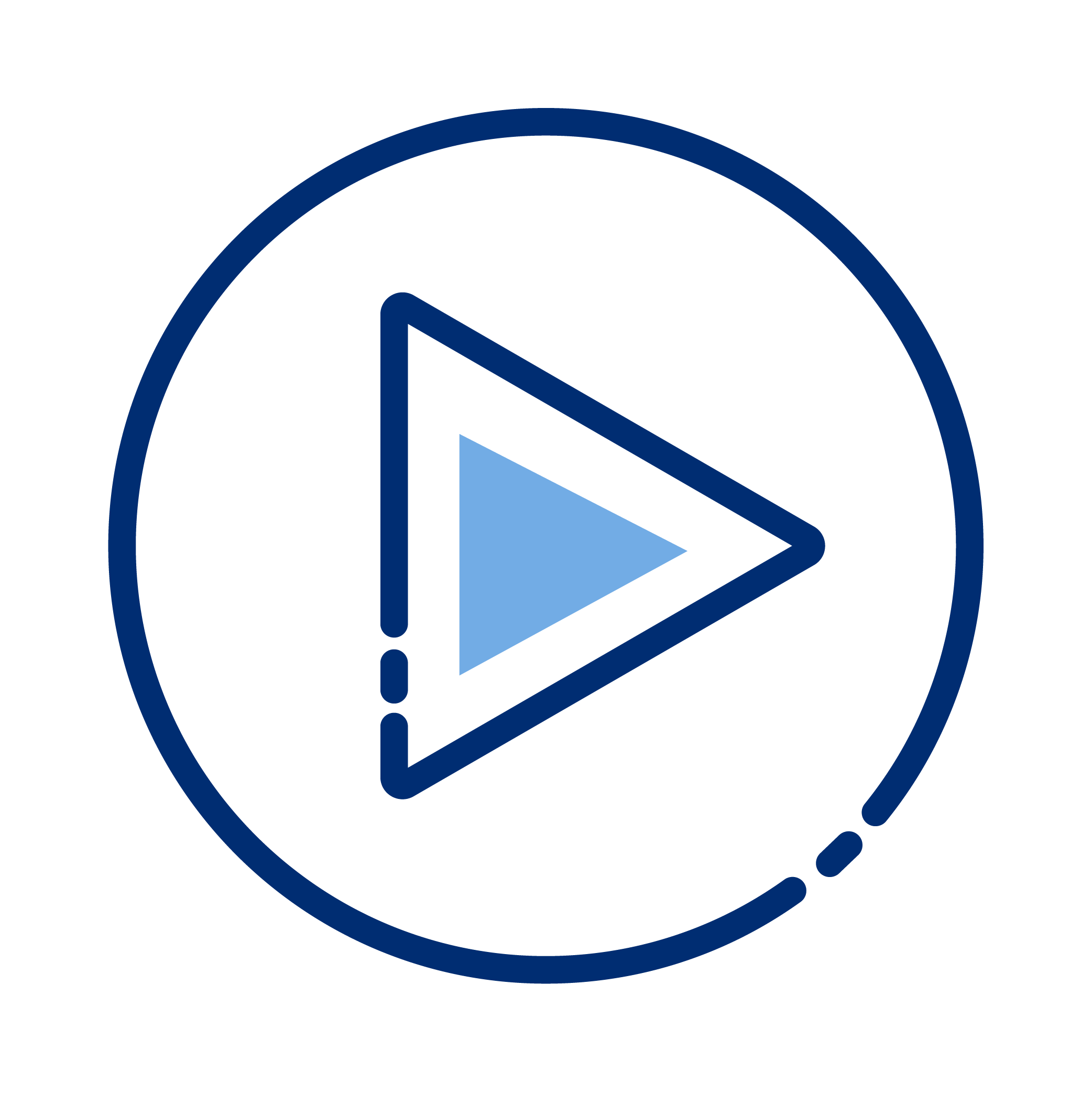 Circular loading or progress indicator with a blue play button in the center.