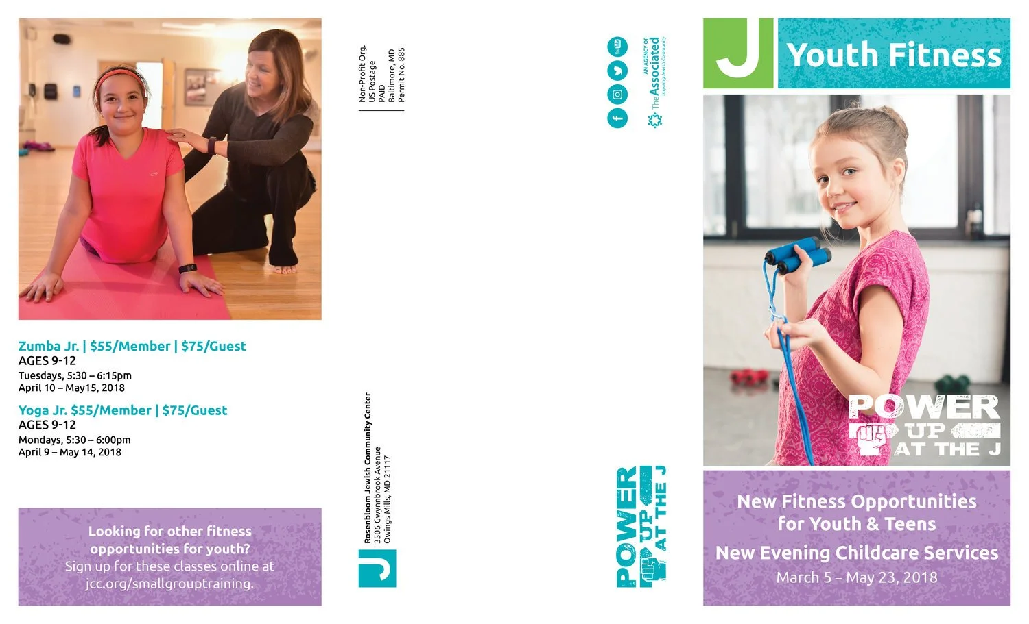 A schedule for youth fitness classes with photos of children participating in activities; the left photo shows a girl in a pink shirt on a yoga mat with a woman coaching her, and the right shows a girl in a pink top holding jump rope and smiling.