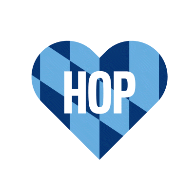 A heart-shaped graphic with a blue geometric pattern and the word 'HOP' in bold white letters inside.