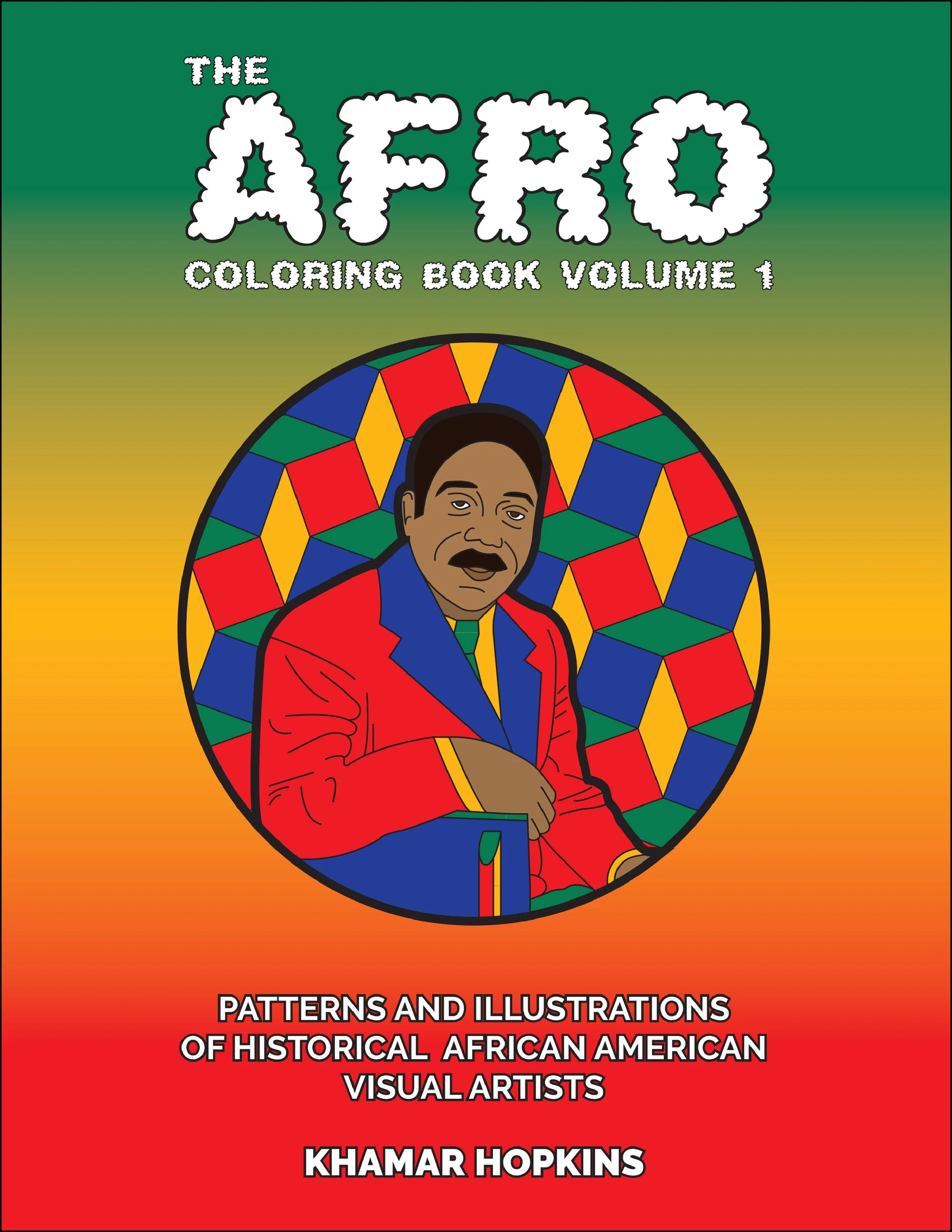 Cover of a coloring book titled "The Afro" featuring a drawing of a man in a red jacket, surrounded by colorful geometric patterns.