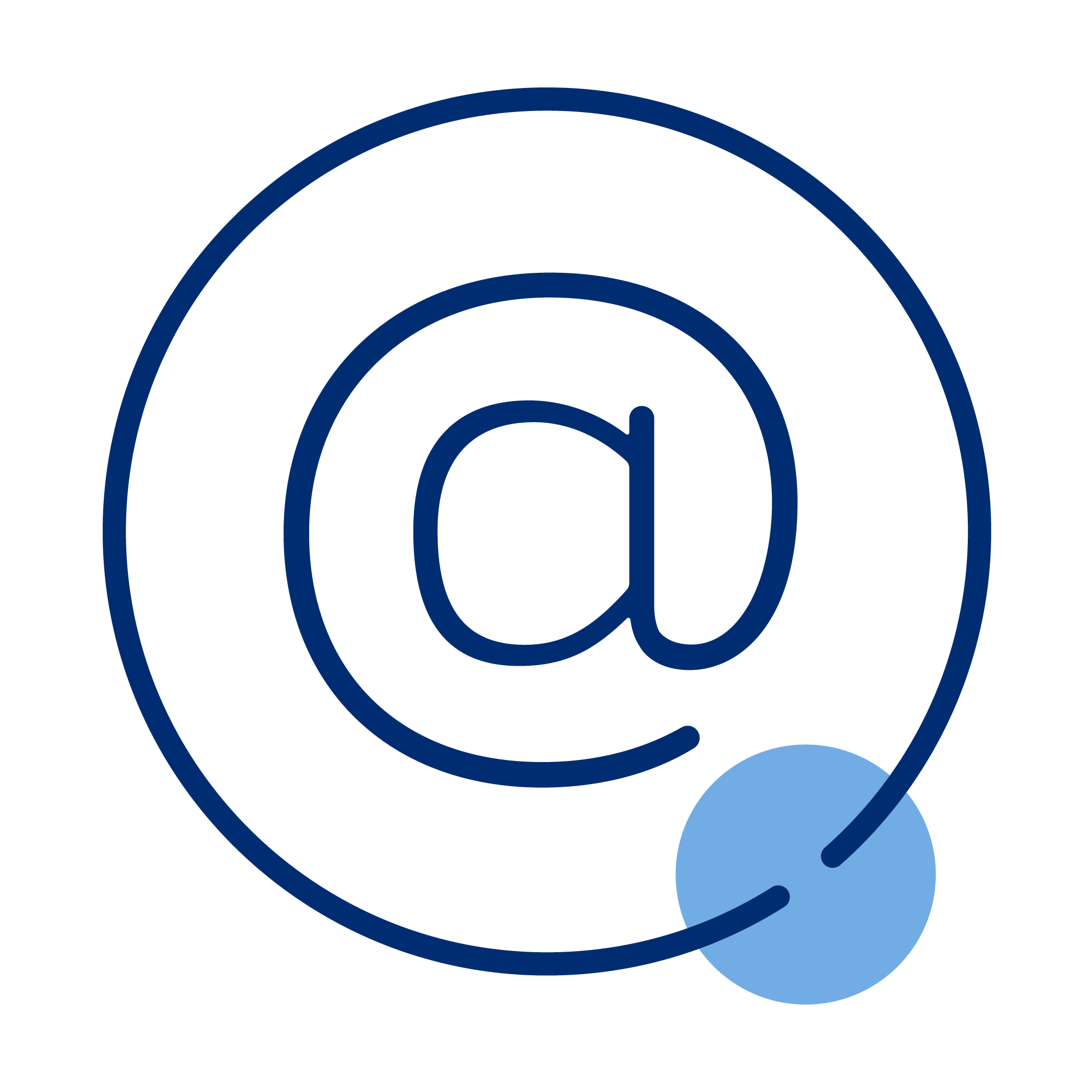 Symbol of an email or email address, represented by a blue 'at' sign '@' inside a circle with a smaller circle attached.