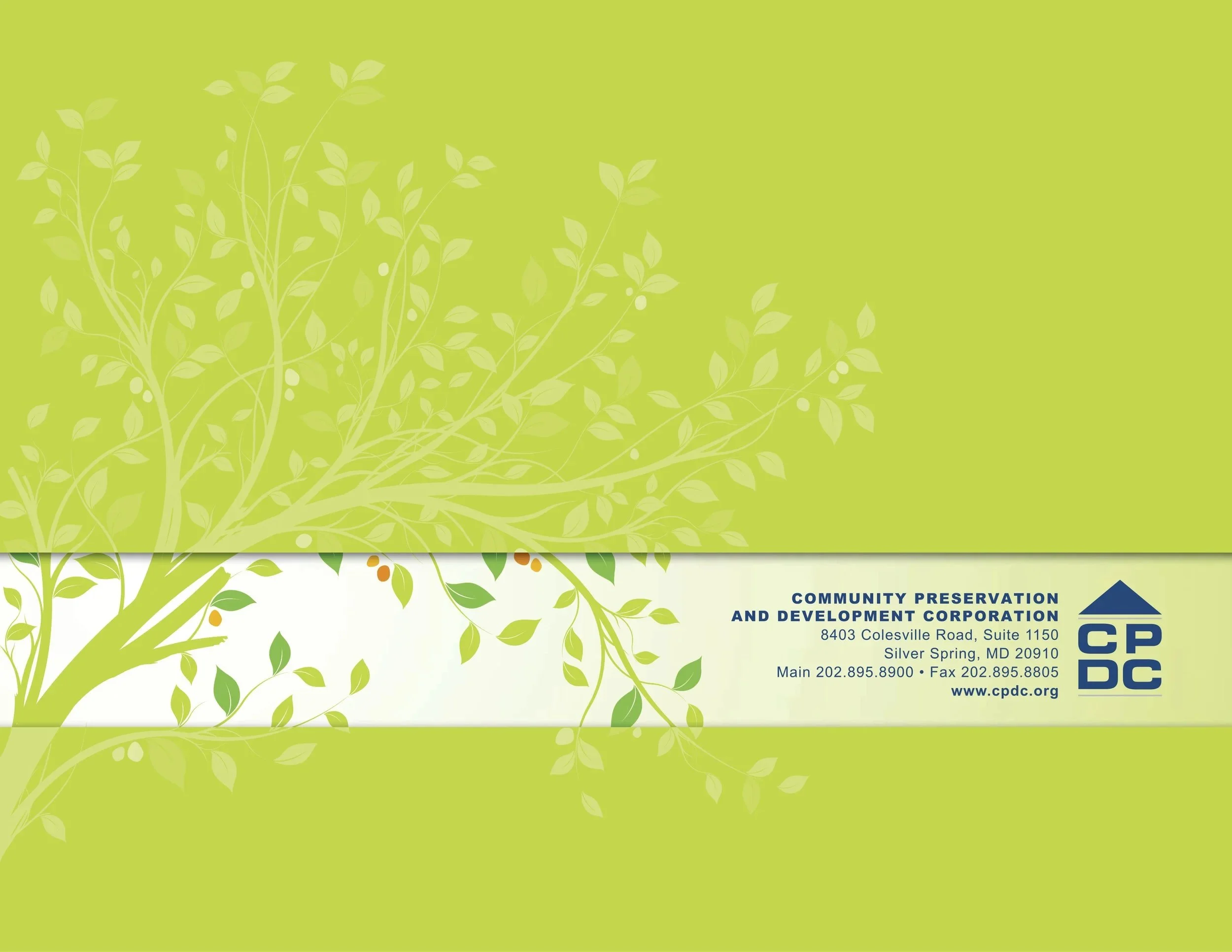 Design for the Community Preservation and Development Corporation featuring a green background with a large tree silhouette, and a white strip with contact information and logo.