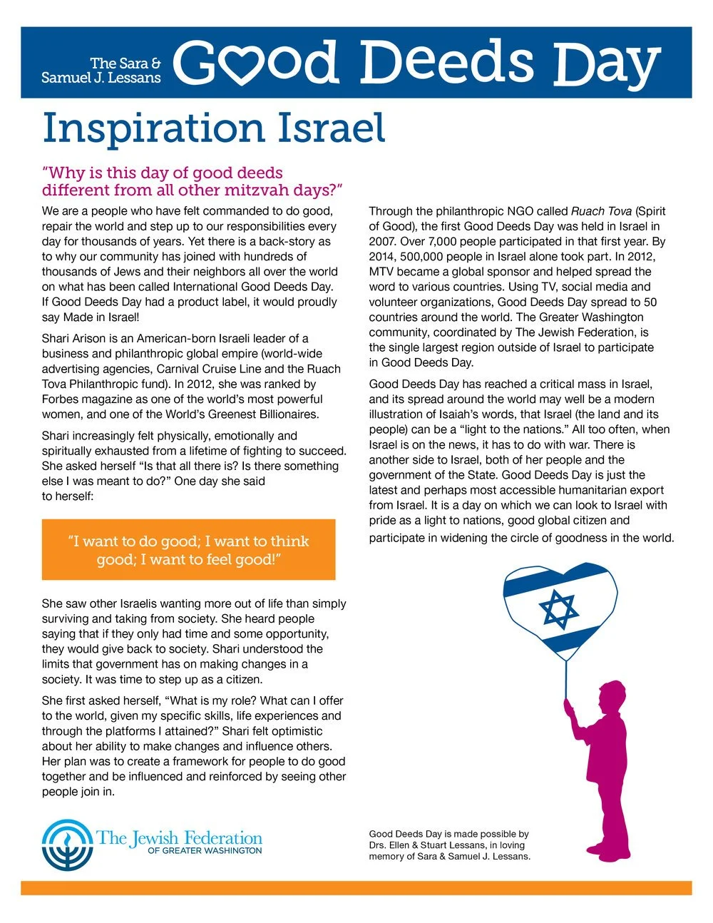 A flyer titled 'Good Deeds Day' from Inspiration Israel, promoting the concept of doing good deeds. It features text about the history and significance of Good Deeds Day, a graphic of a girl holding a heart-shaped balloon with the Israeli flag on it,