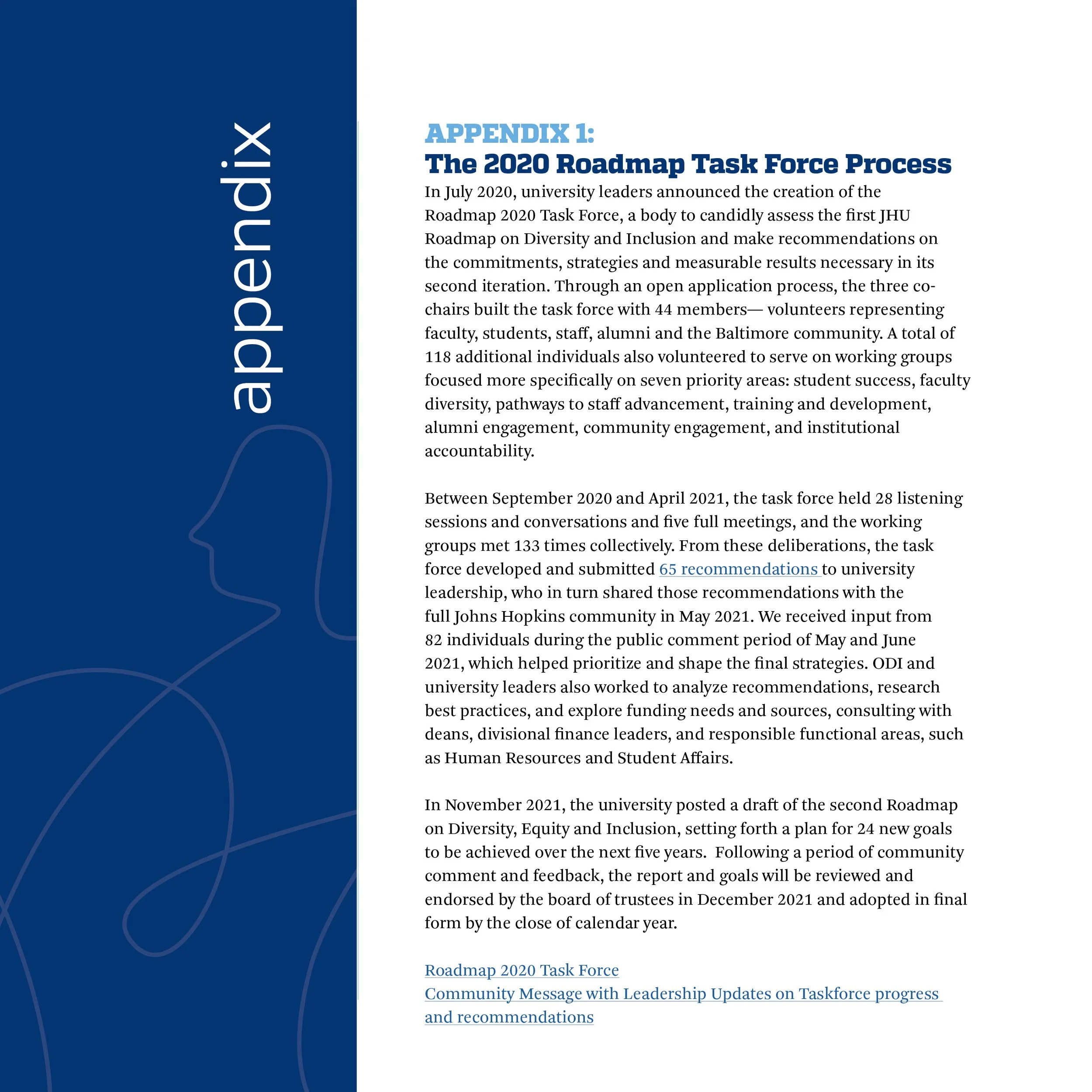 A document titled 'APPENDIX 1: The 2020 Roadmap Task Force Process' discussing university diversity and inclusion efforts, with a blue vertical sidebar on the left featuring the word 'appendix' and a stylized line drawing of a woman's face.