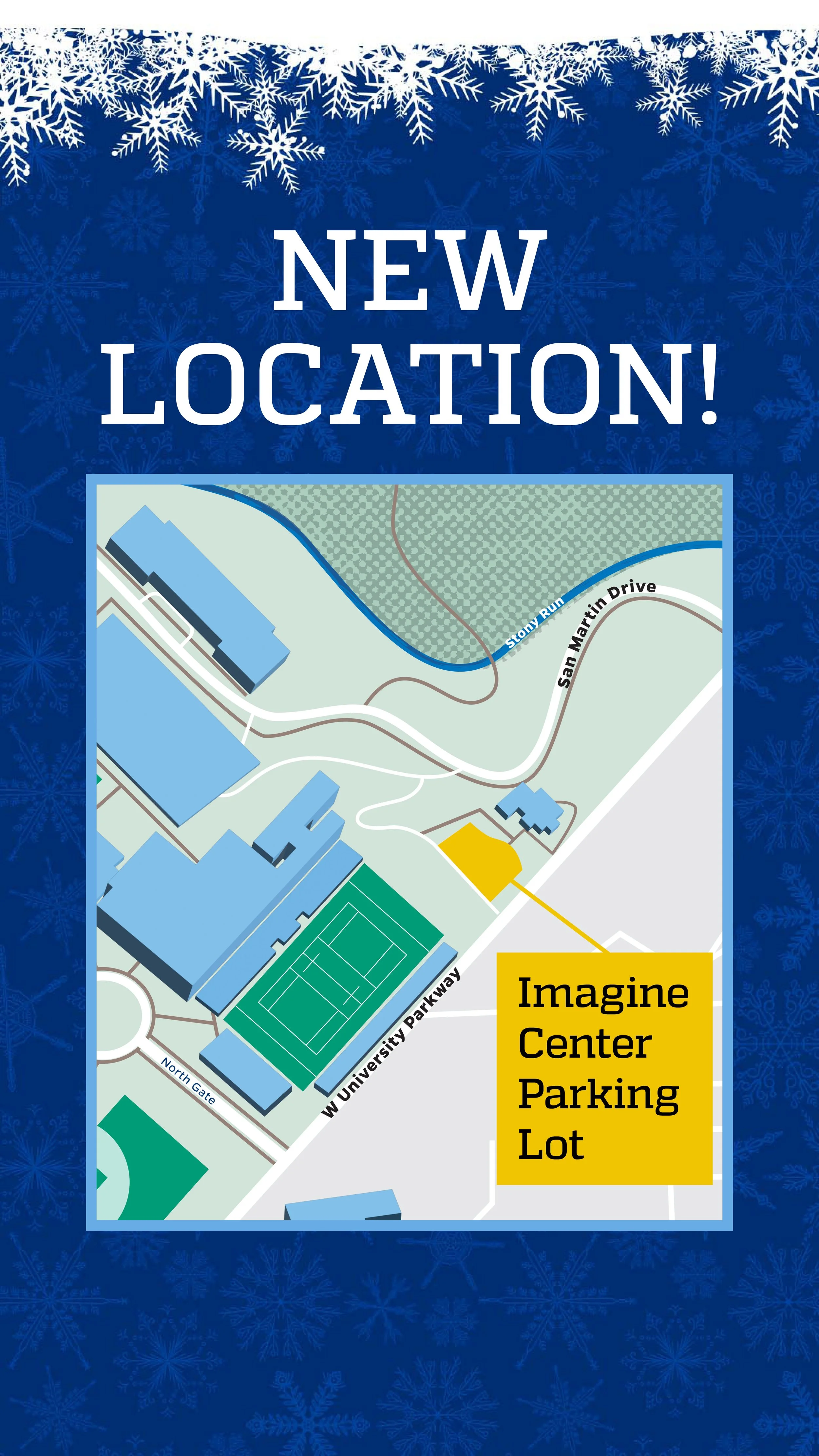 Map of a campus showing roads, buildings, a tennis court, a stream called Stony Run, and a parking lot for Imagine Center labeled 'Imagine Center Parking Lot'. The map also indicates nearby streets including San Martin Drive, W University Parkway, an