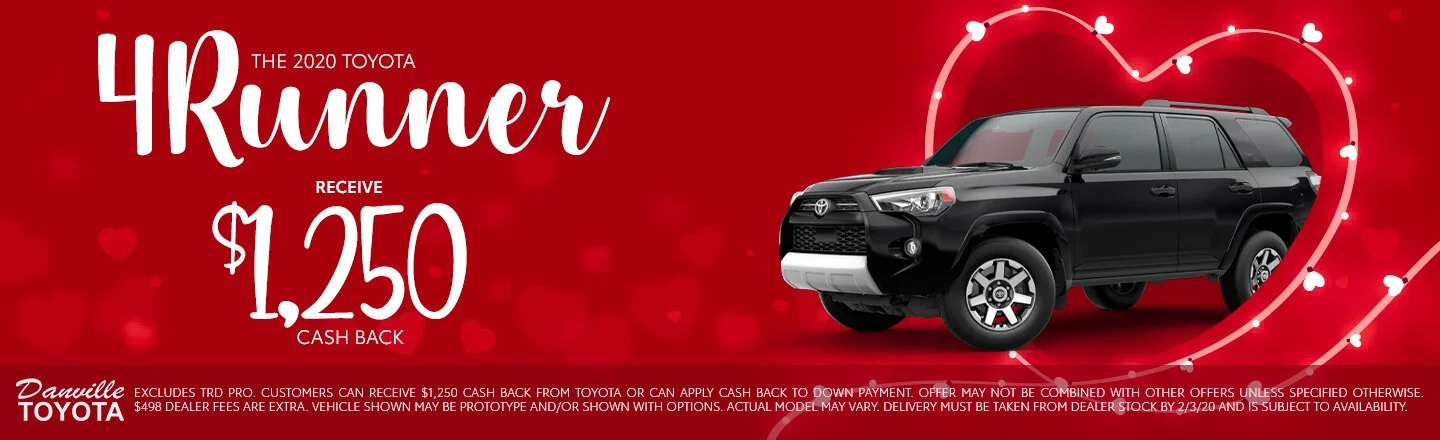 A black 2020 Toyota 4Runner SUV against a red background with hearts and a heart-shaped light outline.