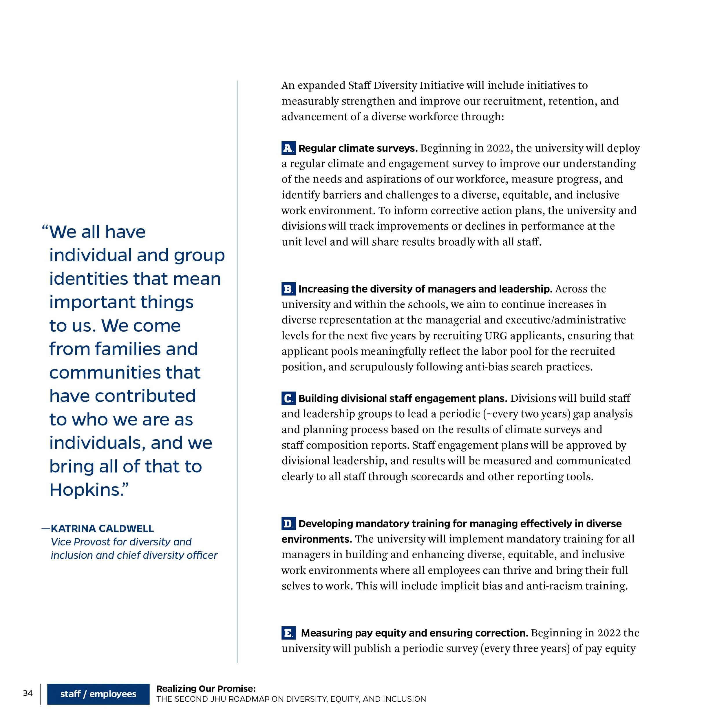 Page from a document discussing staff diversity initiatives, including climate surveys, increasing diversity in leadership, staff engagement plans, mandatory training, and pay equity, with a quote about individual and group identities.