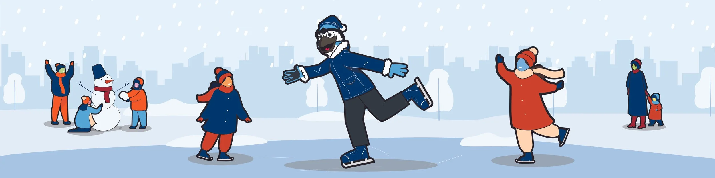 People ice skating and building a snowman in a snowy park with city buildings in the background.