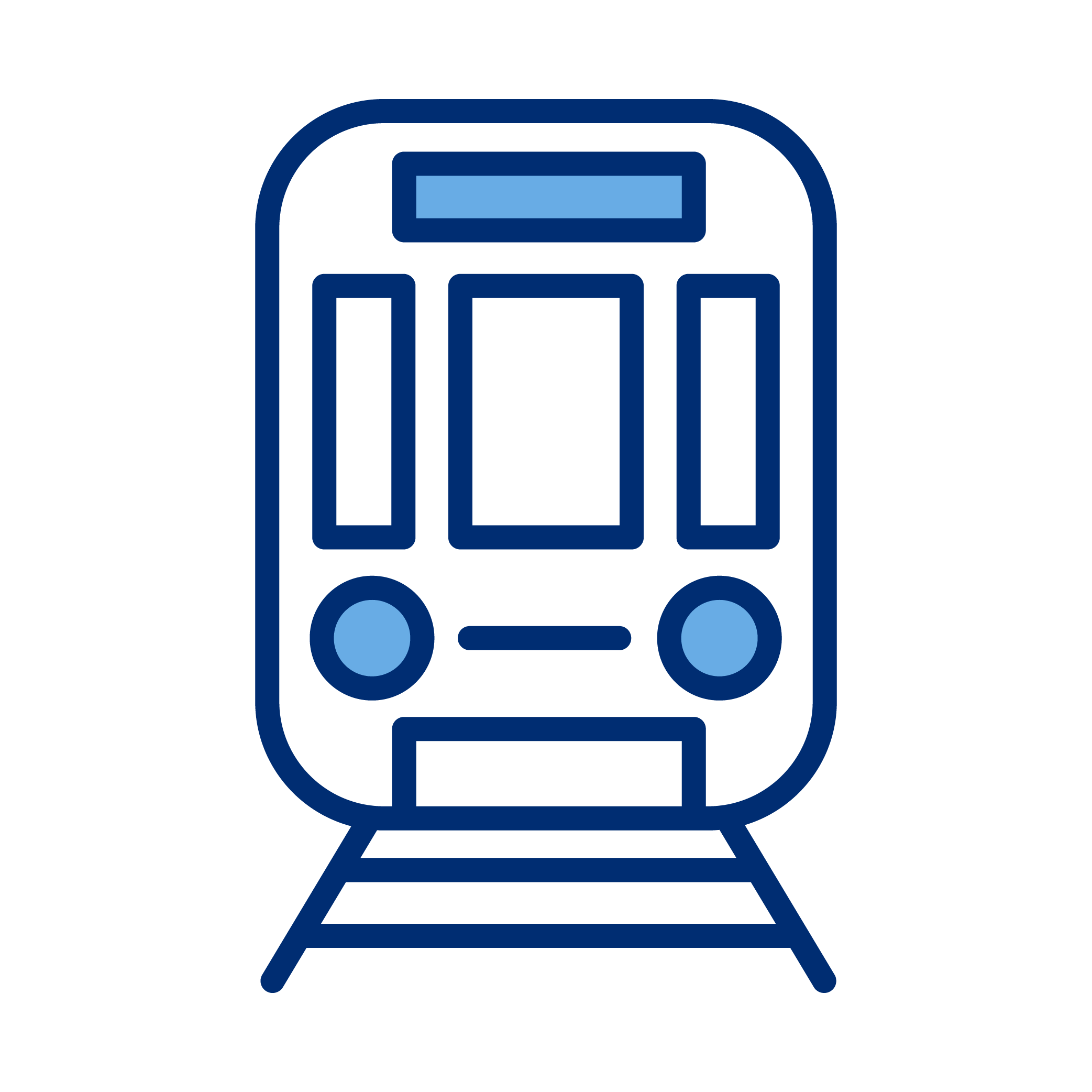 Icon of a train approaching on tracks with a digital display on top