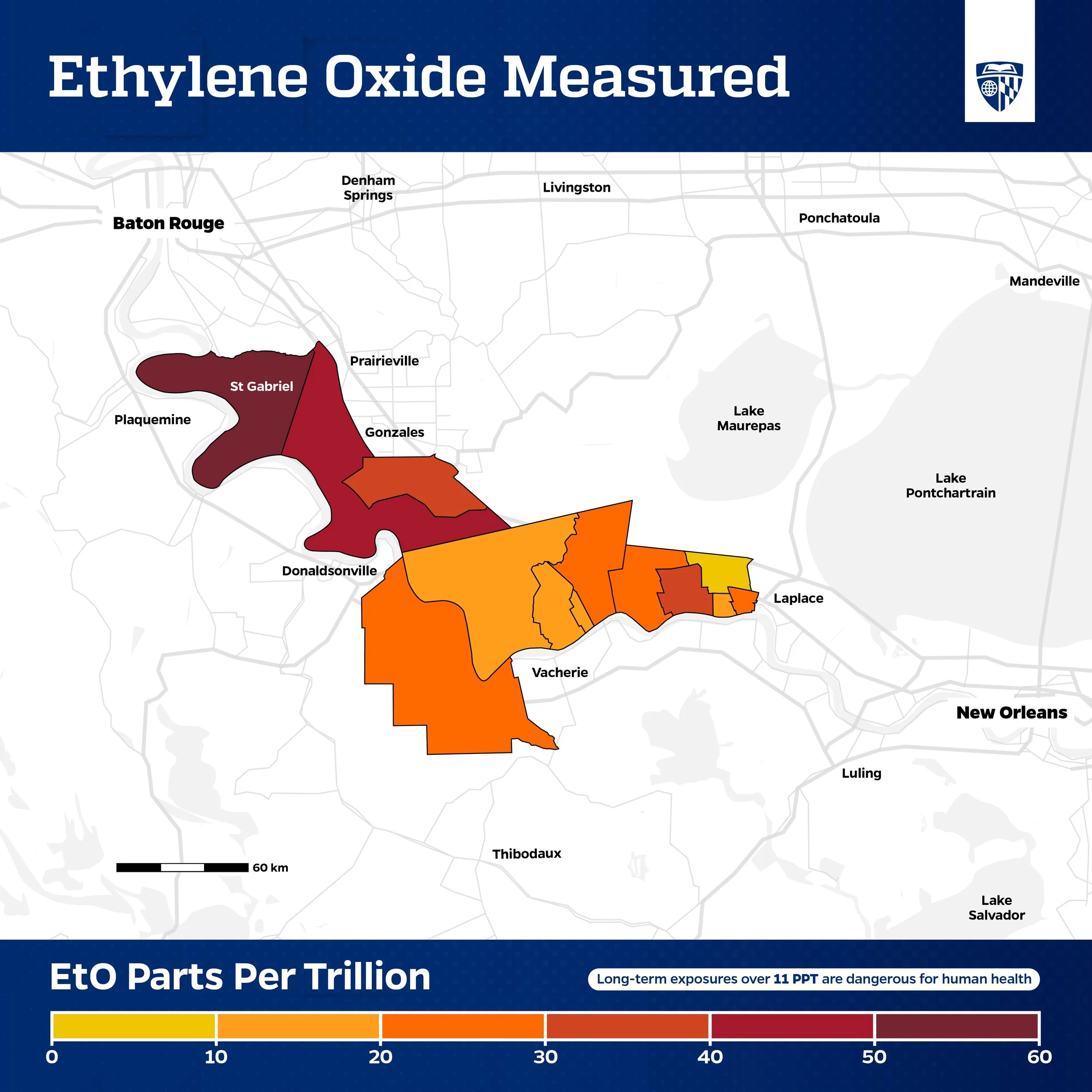 Map showing measured ethylene oxide levels in various neighborhoods of Louisiana, with colors indicating the parts per trillion, from yellow (low) to dark red (high).