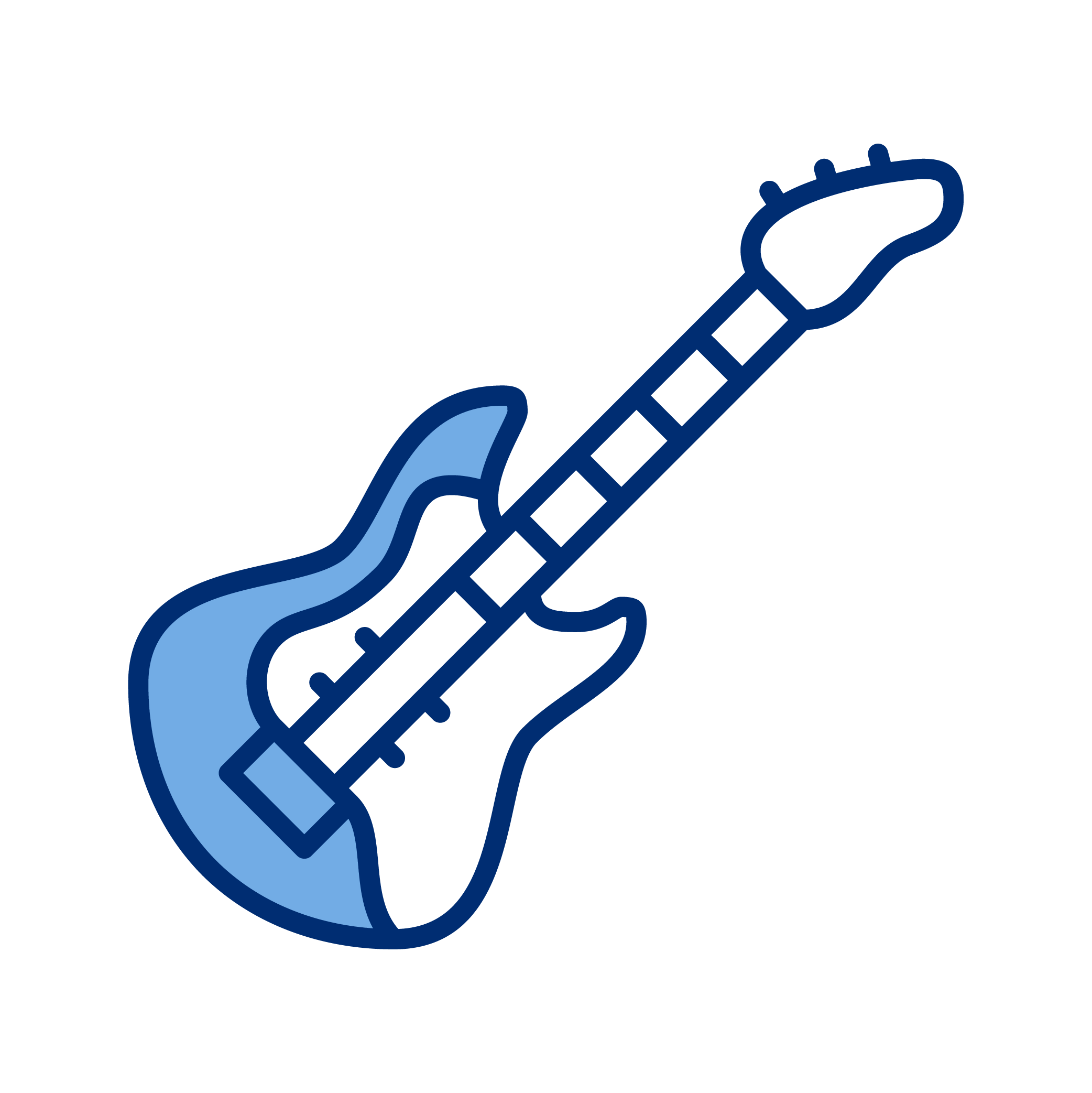 Outline drawing of a blue electric guitar with darker blue borders.