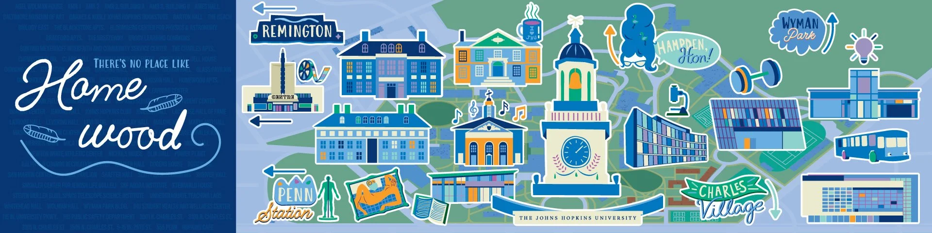 Illustrated map of Charles Village neighborhood in Baltimore, Maryland, featuring community landmarks, streets, and public transportation, with a focus on local sites like the Wyman Park, Johns Hopkins University, and Hampden.