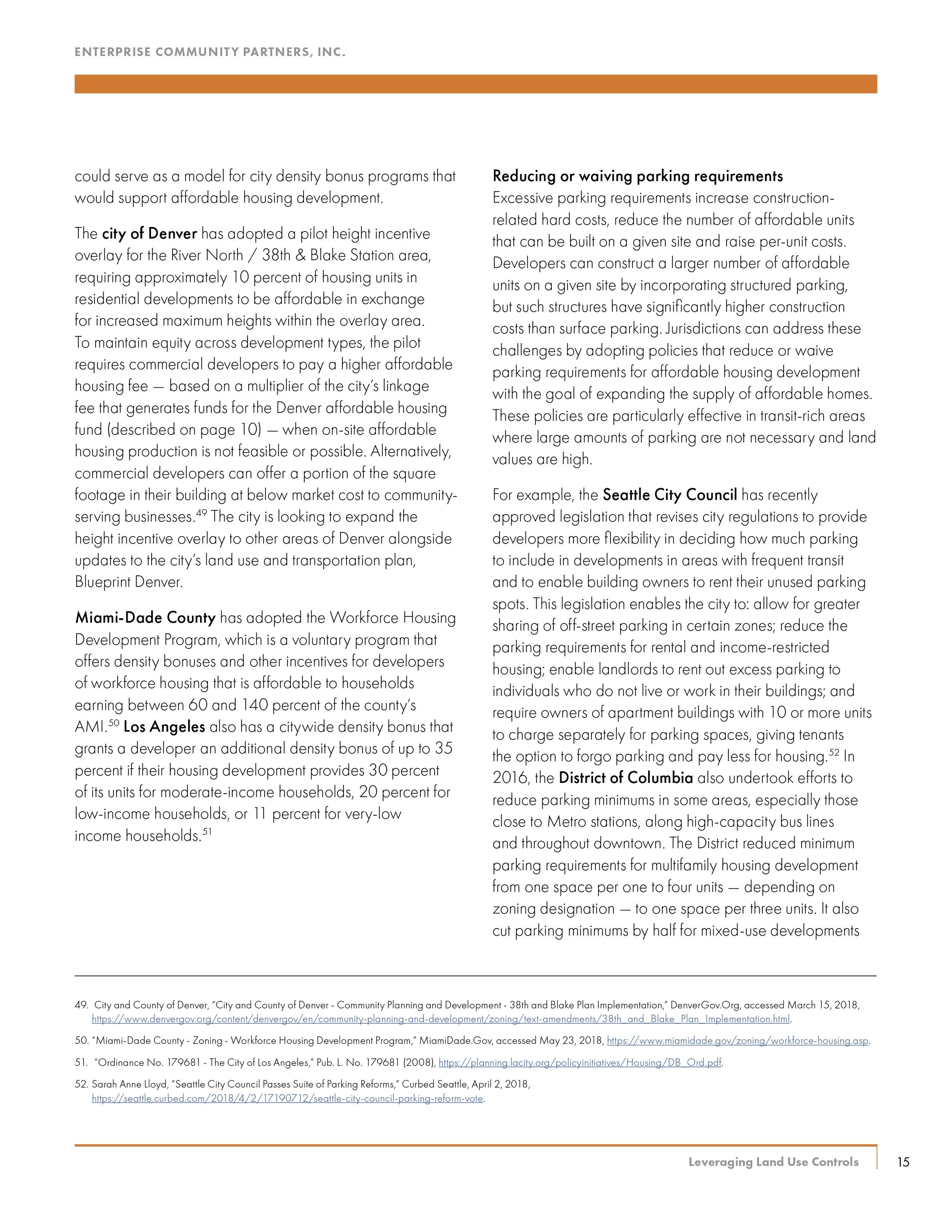 Page from a document discussing land use policies and incentives in Denver, Miami-Dade County, Los Angeles, Seattle, and Washington D.C., focusing on affordable housing, zoning, and parking requirements.