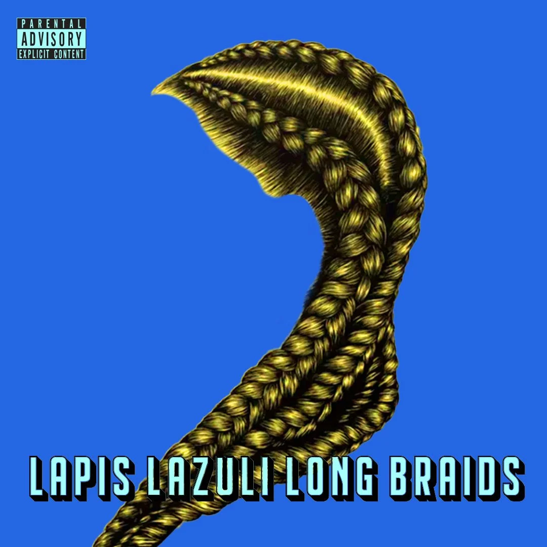 Illustration of a long braid of yellowish gold hair with blue background, titled "Lapis Lazuli Long Braids" and a parental advisory warning in the top left corner.