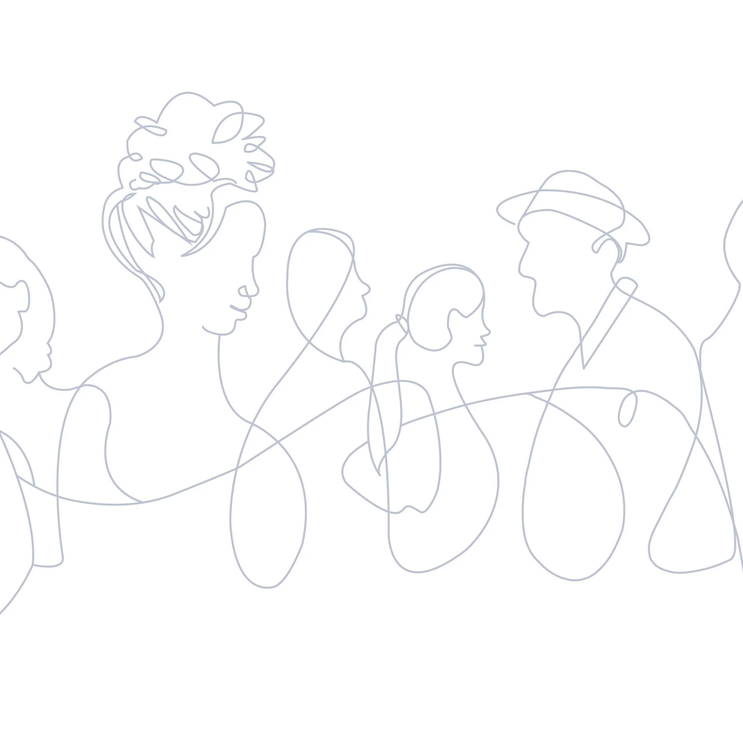 Line drawing of a group of people, including a woman with styled hair, a man with a fedora, and several others in profile, connected by continuous lines.