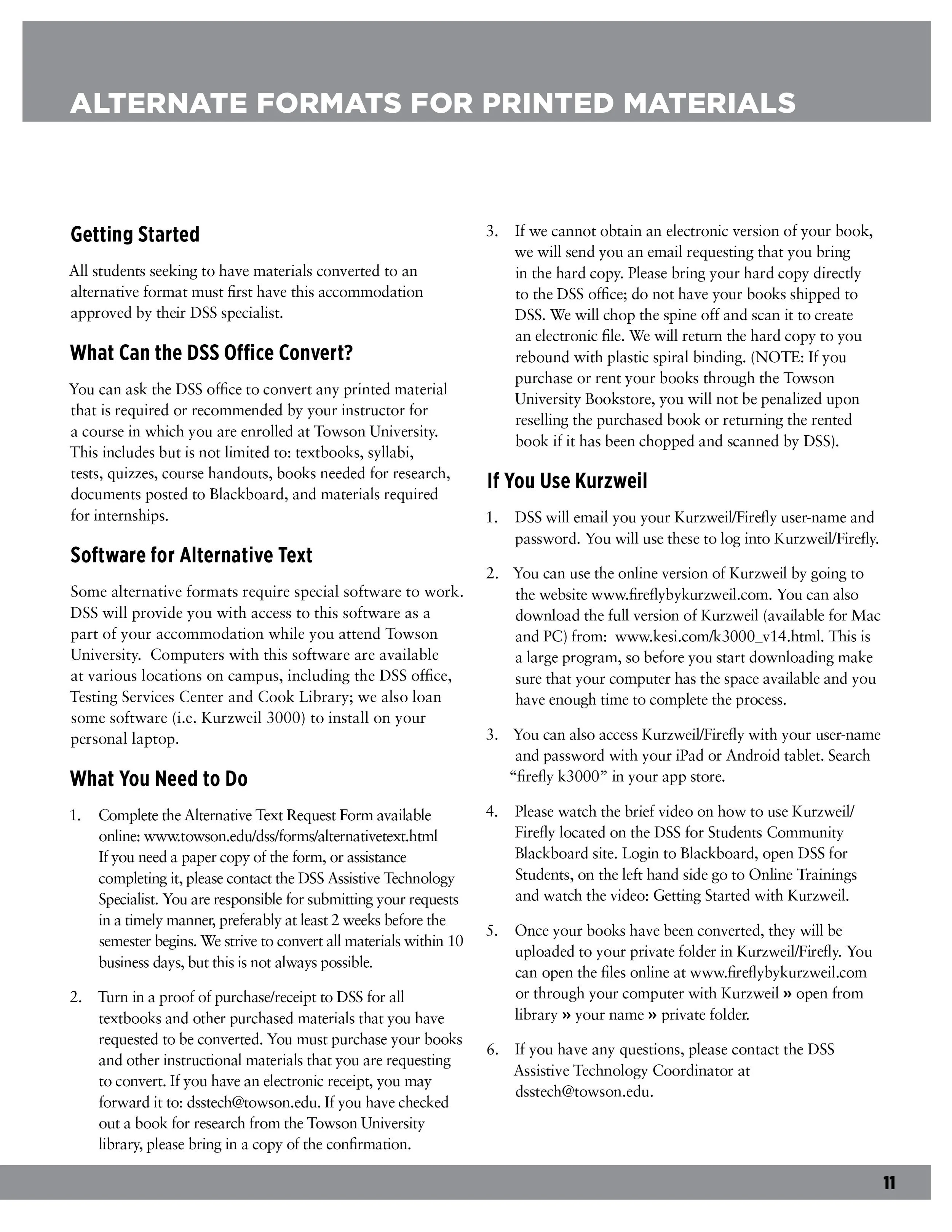 Page from a document titled "Alternate Formats for Printed Materials" with sections on getting started, converting materials, software for alternative text, what you need to do, and instructions for using Kurzweil and Firefly.