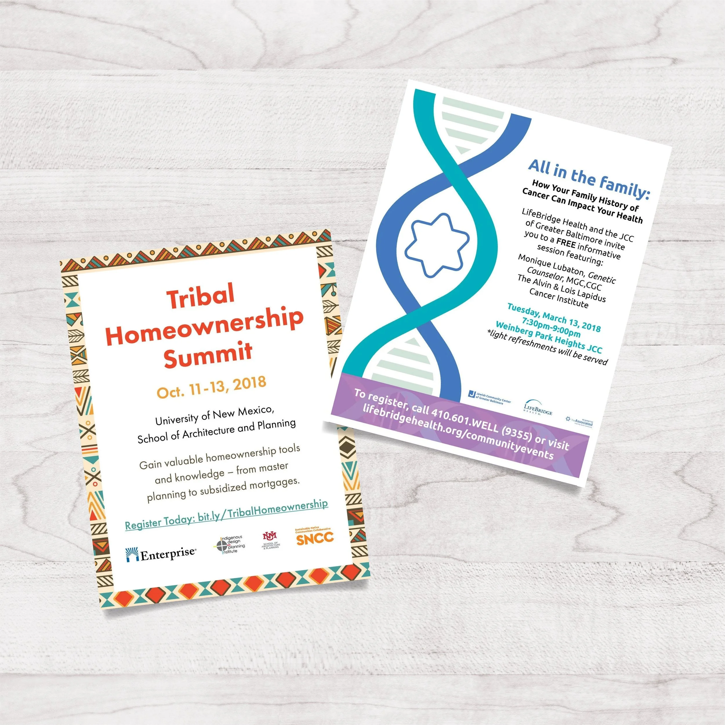 Flyers for two different events on a white wooden table. One flyer is for a 'Tribal Homeownership Summit' happening October 11-13, 2018, at the University of New Mexico, with details about gaining homeownership tools and a registration link. The othe