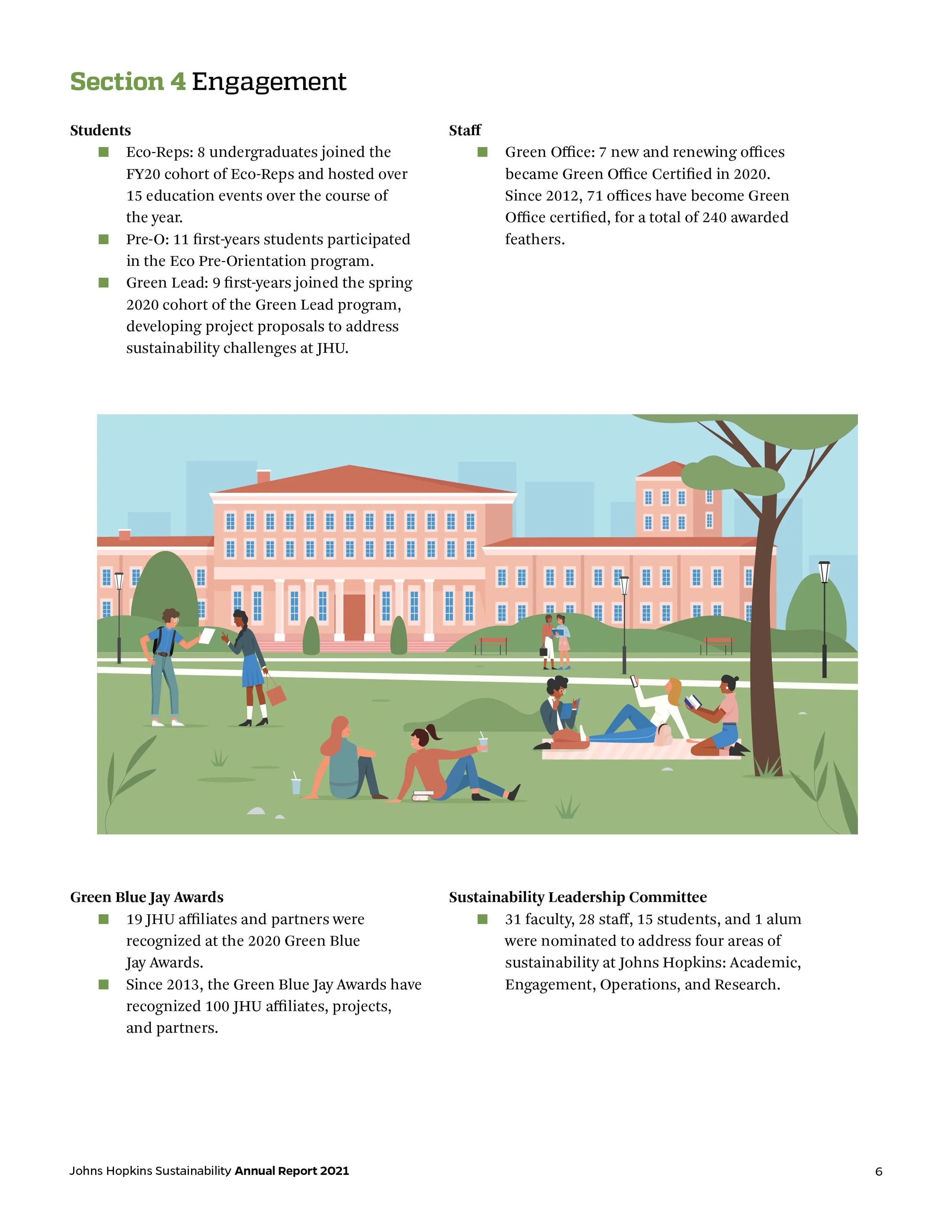 Students sitting and lying on grass reading and relaxing on a college campus with a large pink building and trees in the background.