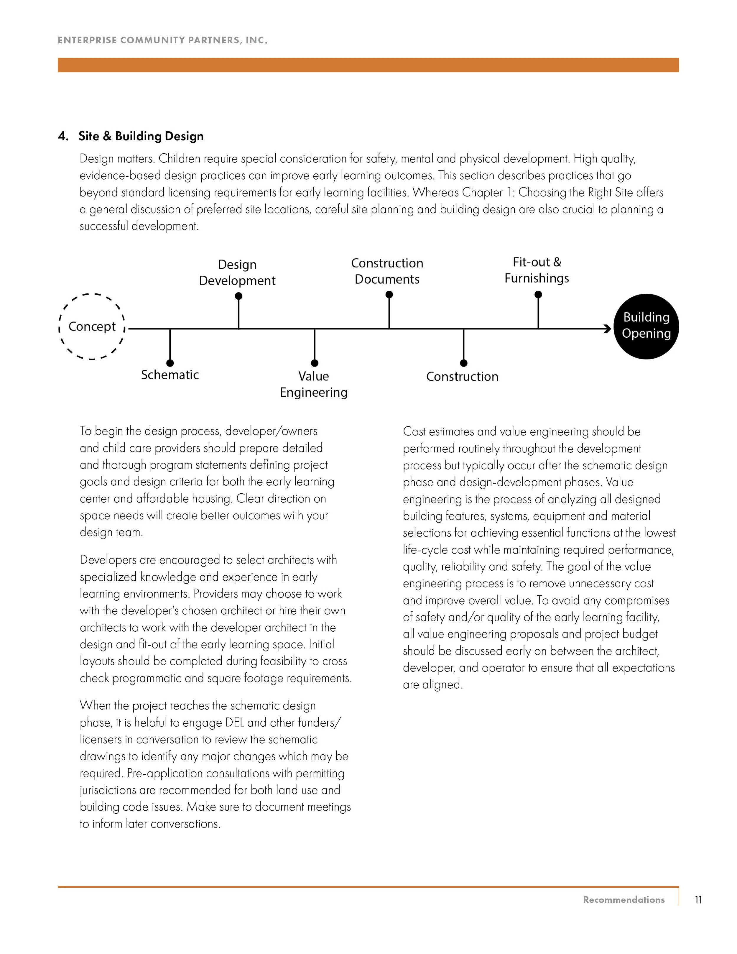 Page from a report titled 'Site & Building Design' with a timeline flowchart showing steps from concept to building opening, including schematic, design development, value engineering, construction documents, construction, and fit-out & furnishings.