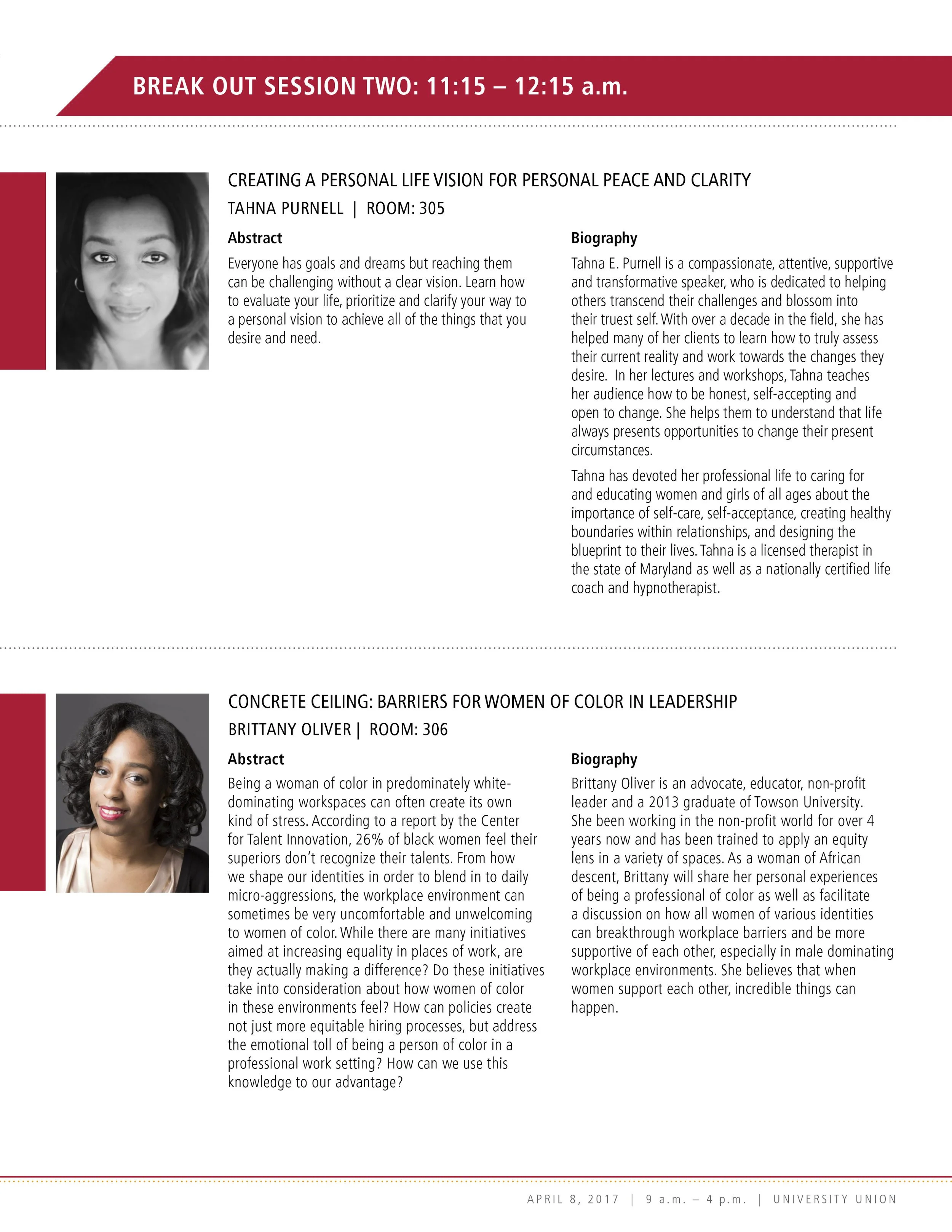 Event schedule for breakout session two at 11:15 to 12:15 a.m., featuring two sessions: 'Creating a Personal Life Vision for Personal Peace and Clarity' by Tahna Purnell in room 305, with a biography and abstract; and 'Concrete Ceiling: Barriers for 