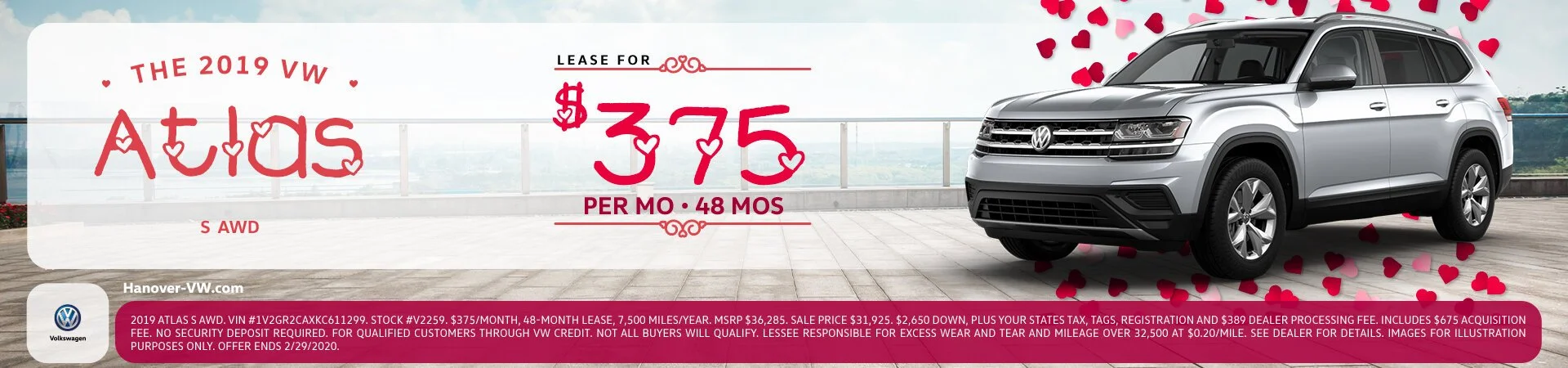 An advertisement for a 2019 Volkswagen Atlas SUV showing a silver vehicle with promotion details and monthly lease payments of $375 for 48 months, with red hearts and decorative elements.