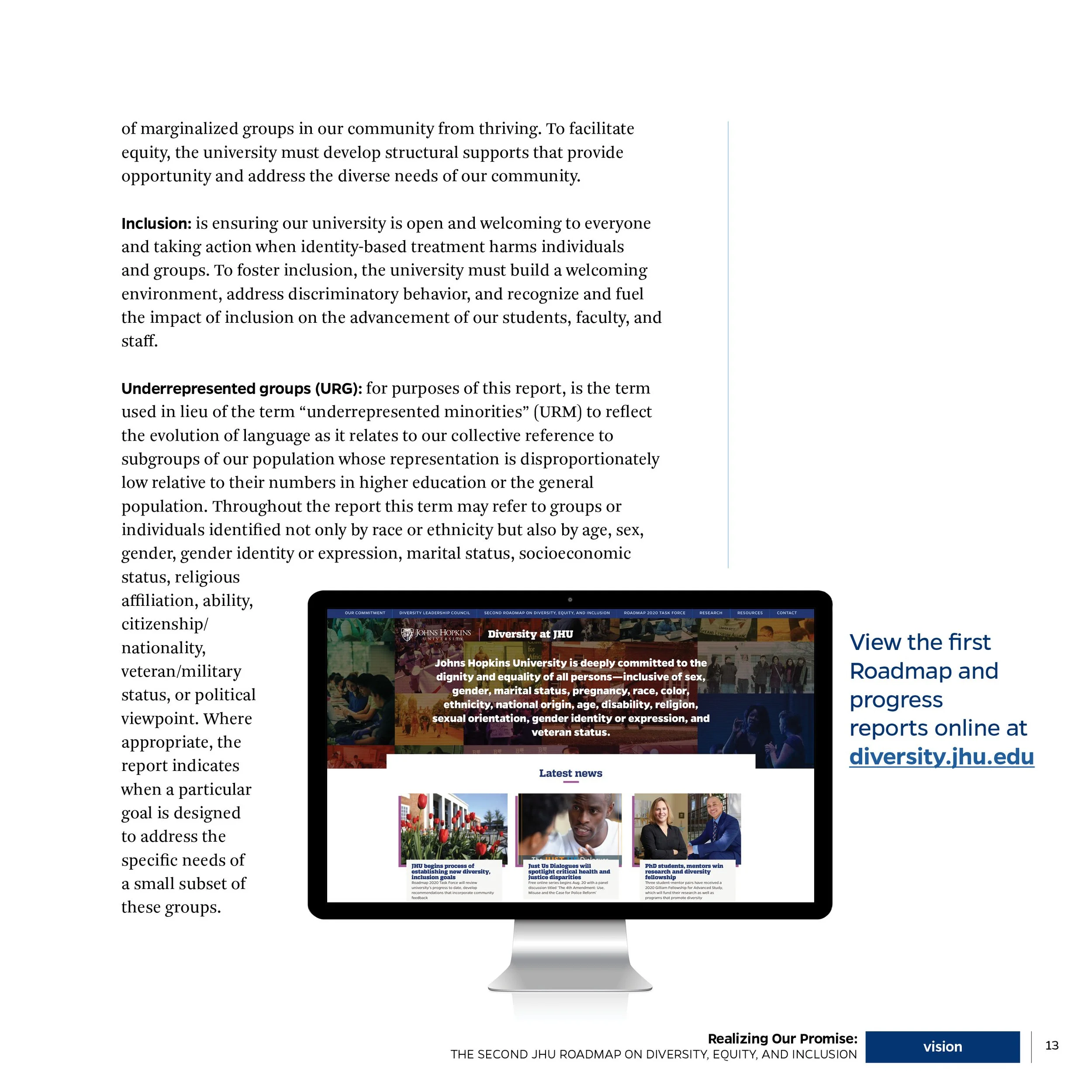 Excerpt from a report page with text about diversity and inclusion, and an illustration of a computer screen displaying the Johns Hopkins University diversity webpage, with links to the roadmap and news.