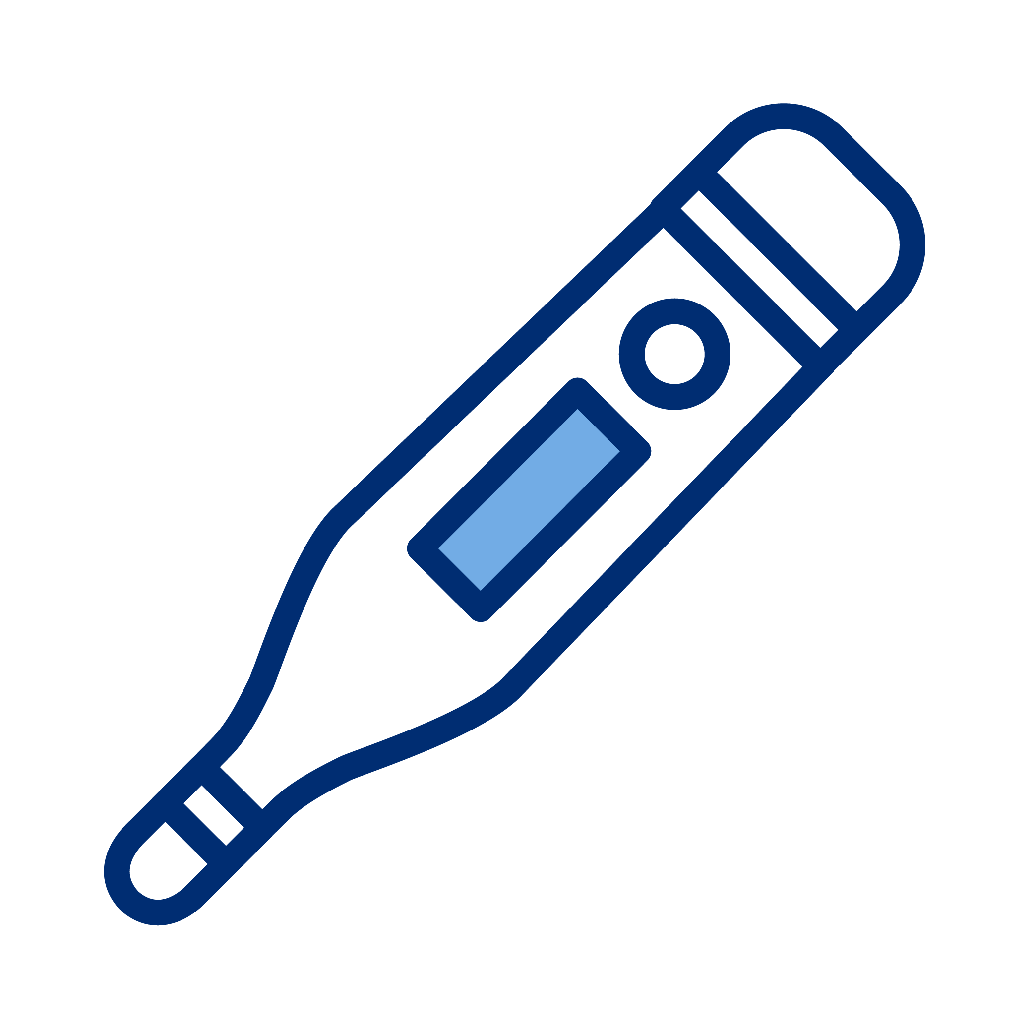 Icon of a digital thermometer in dark blue with a light blue display.