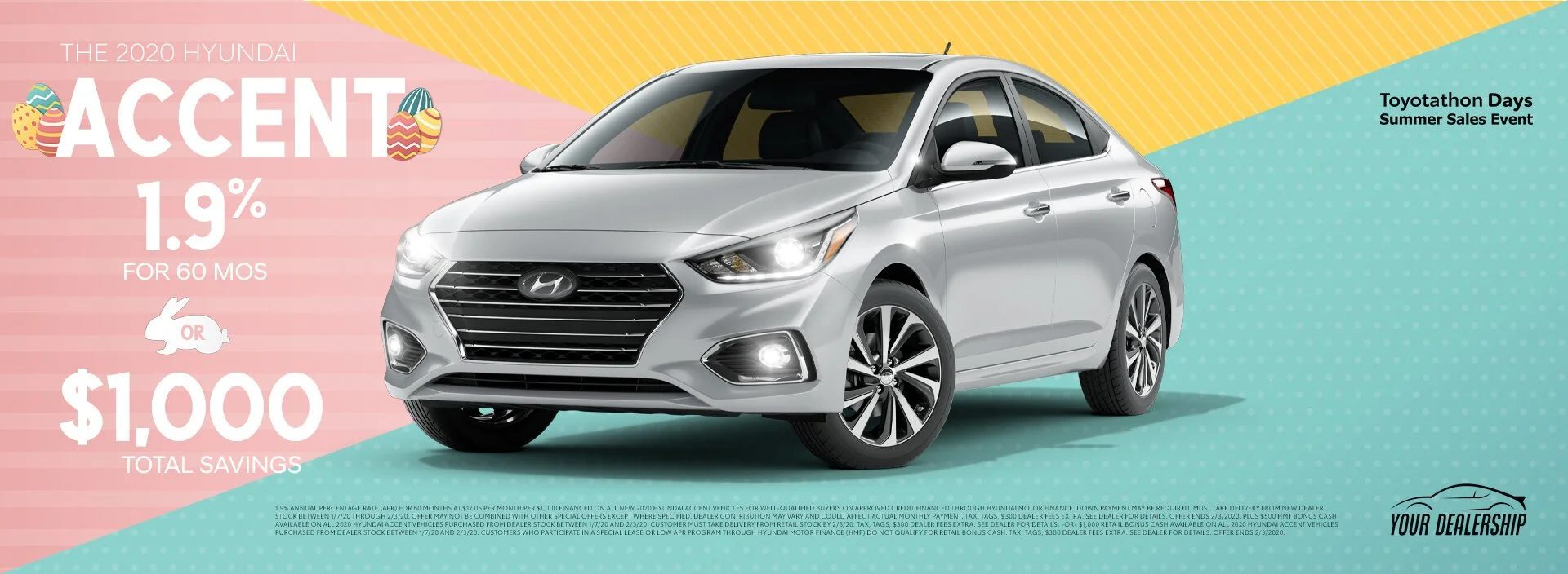 Silver 2020 Hyundai Accent car positioned on a multicolored background with yellow, pink, and blue sections, promotional text, Easter-themed decorations, and dealership information.