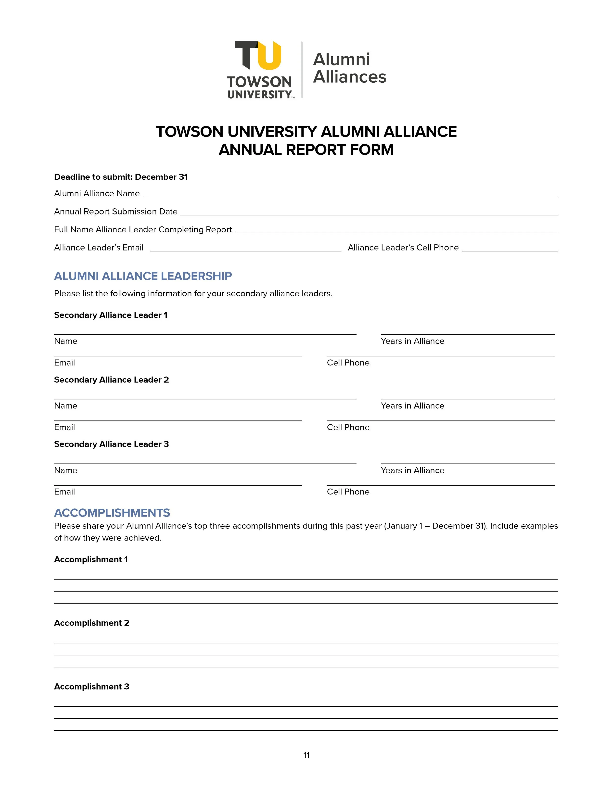 Towson University Alumni Alliance Annual Report Form with sections for leader information, achievements, and contact details.