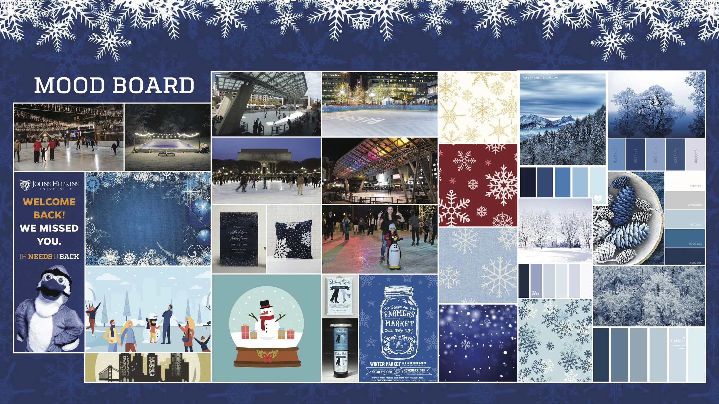 A collage of winter and holiday-themed images, including ice skating rinks, snow-covered trees, snowflakes, a snowman, holiday decorations, and event posters, with a blue and white color scheme and snowflake motifs.