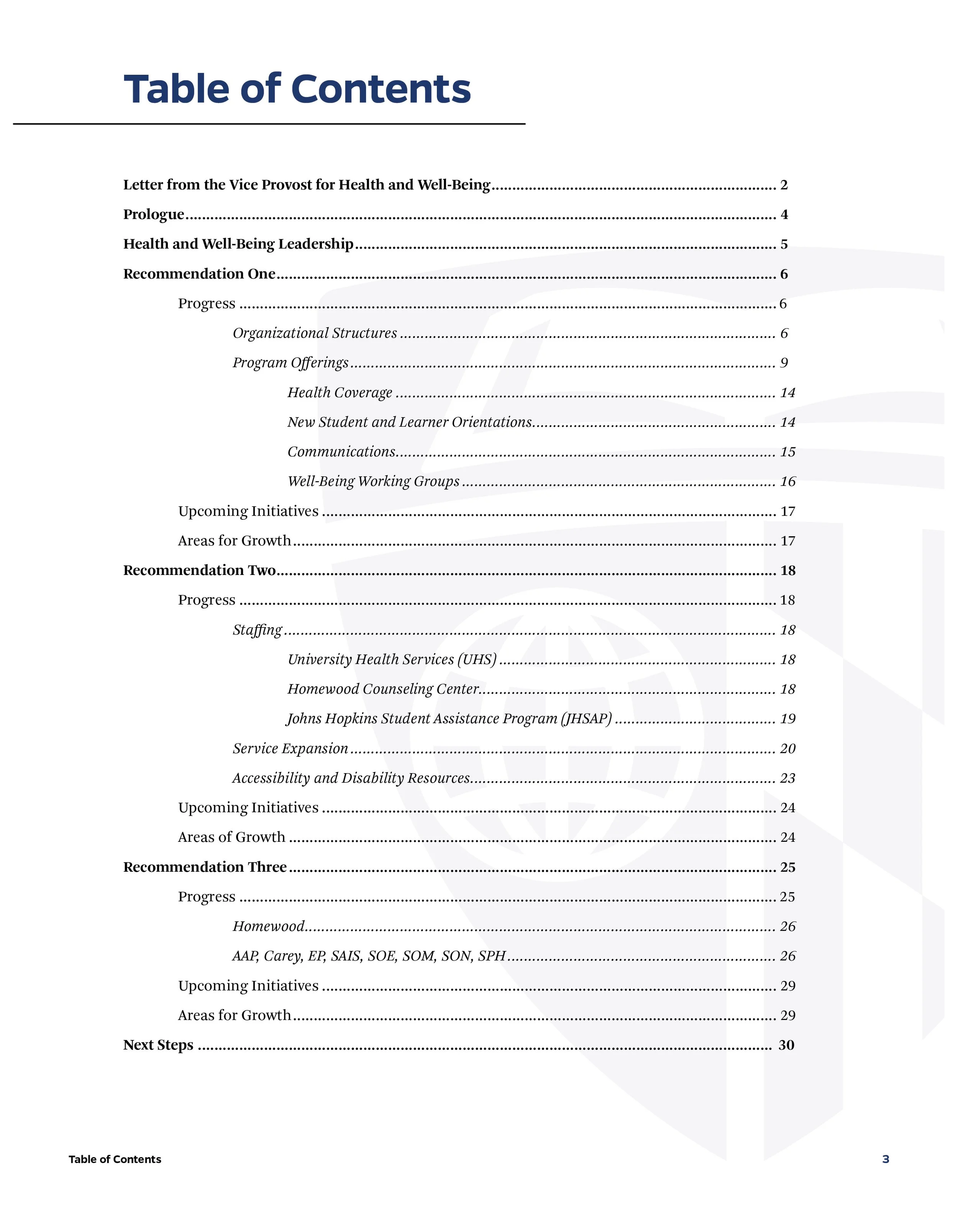 Table of contents page from a document outlining sections on health and well-being, leadership, program offerings, staffing, service expansion, accessibility, and future initiatives.
