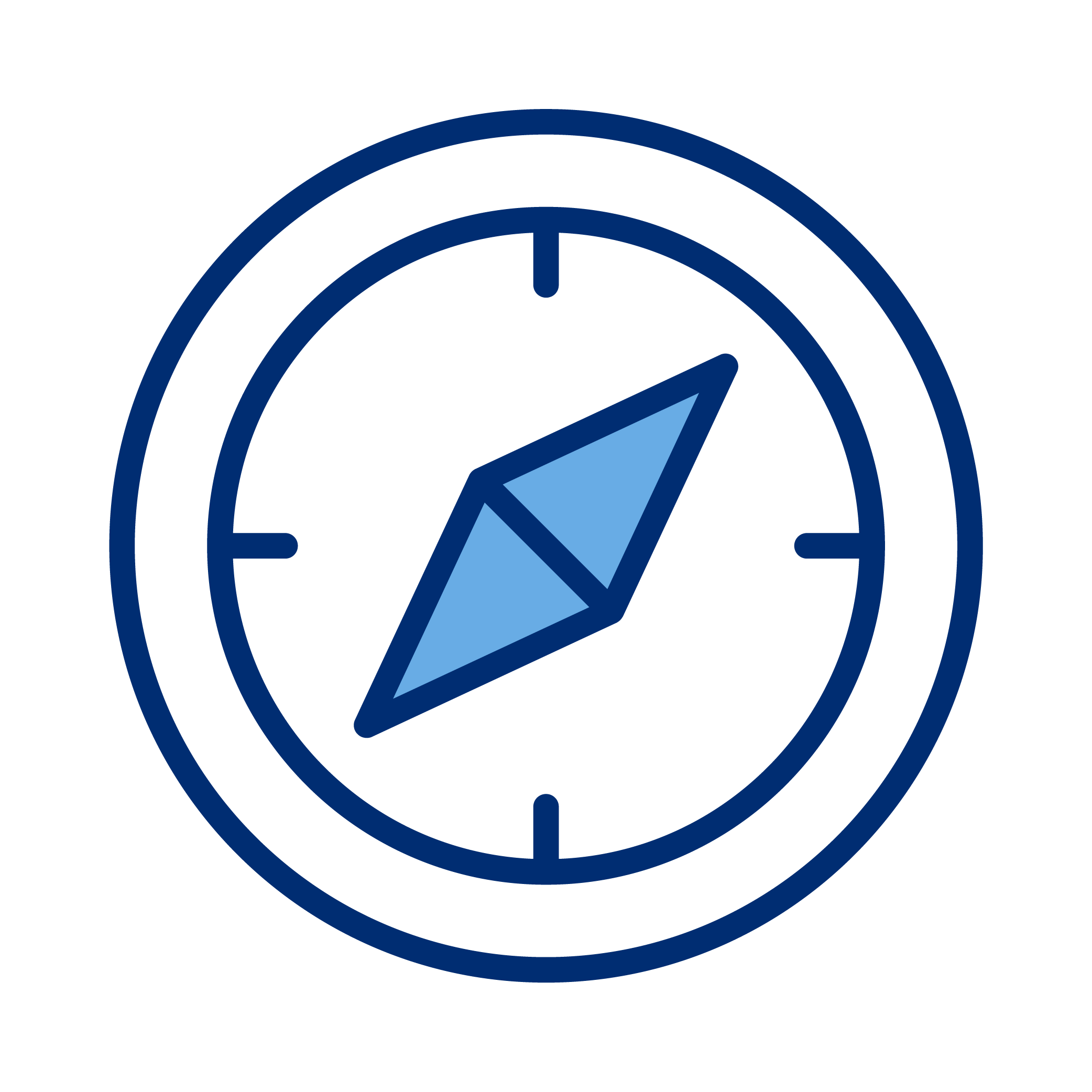 Icon of a compass with a dark blue outer ring, lighter blue inner ring, and a blue arrow pointing northeast.