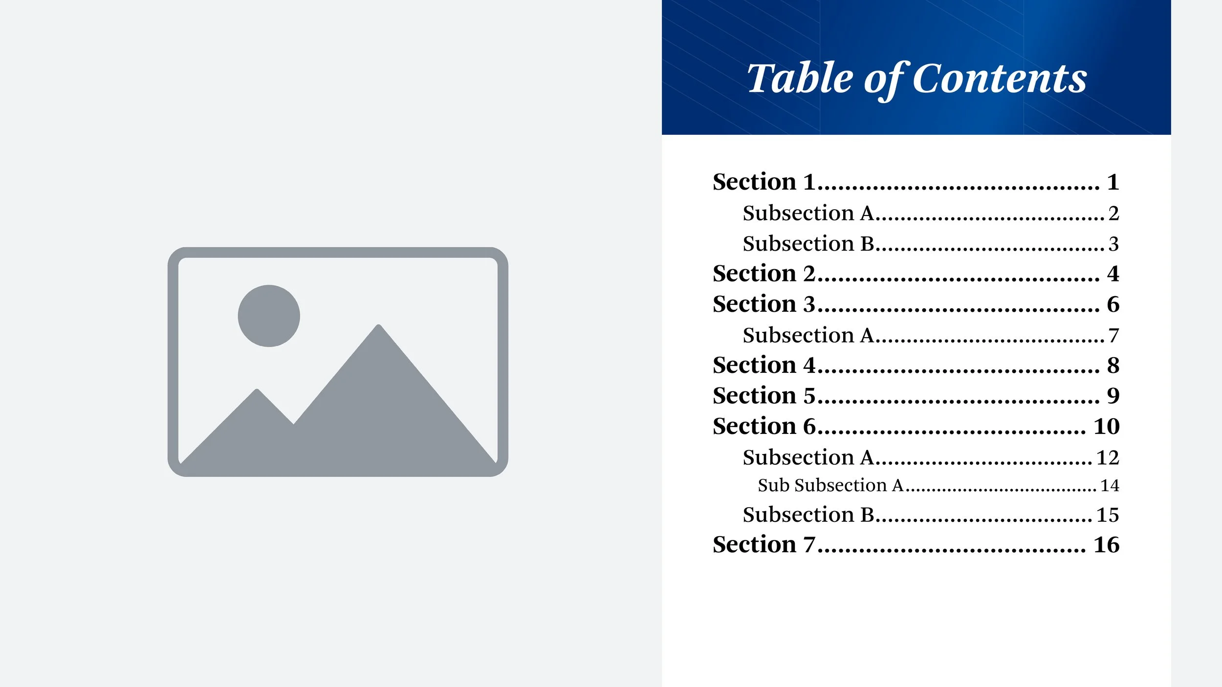Page layout of a document with a table of contents on the right and a placeholder for an image on the left