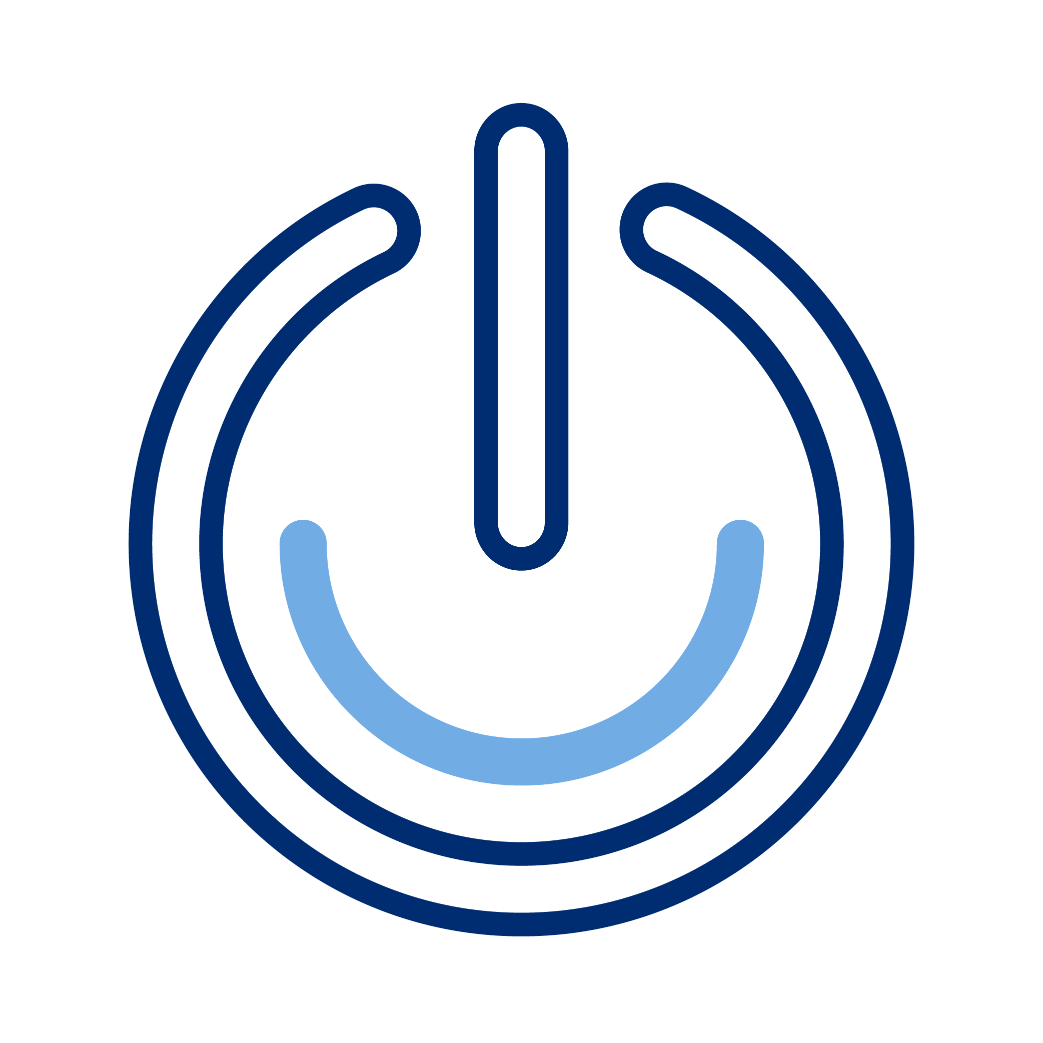 Icon of a power button with light blue accents on a black background.