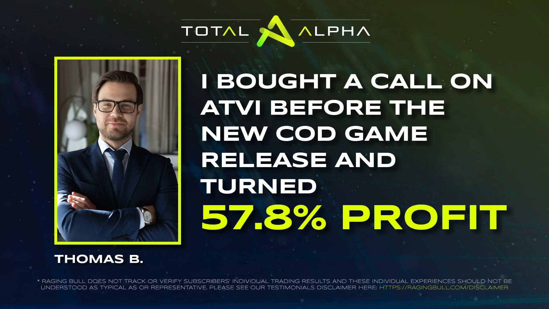 A man wearing glasses and a suit with a tie, standing with arms crossed, in front of a dark background with stars and text about trading profit. The text indicates the man, Thomas B., bought a call on ATVI before a new COD game release and turned a 5