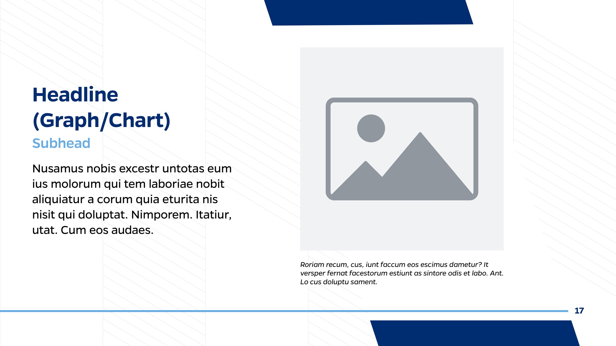 A presentation slide with a blue and white theme. The slide features a large heading titled 'Headline (Graph/Chart)', a subhead in light blue, a paragraph of placeholder text, a gray placeholder image with a mountain and sun icons, and a page number 
