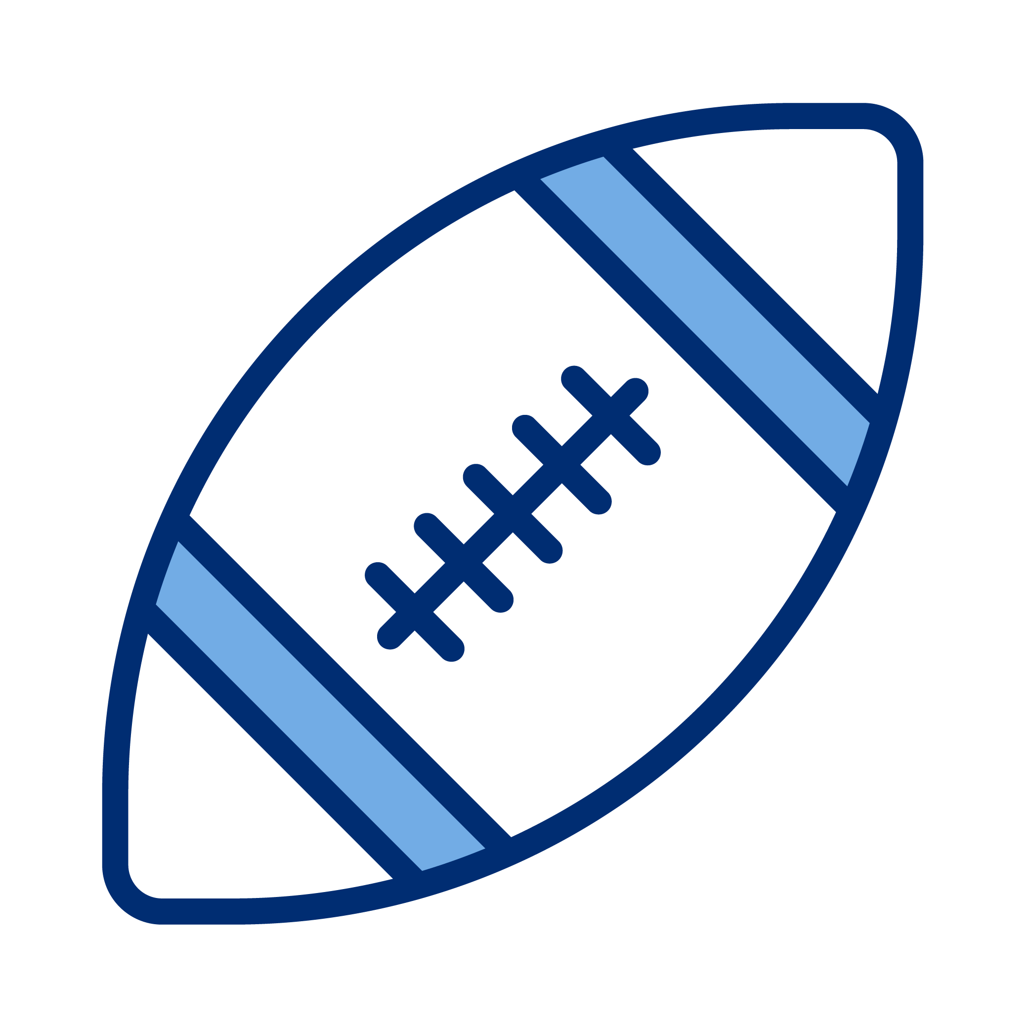 Stylized illustration of an American football, with dark blue outline and light blue accents on the laces and stripes.