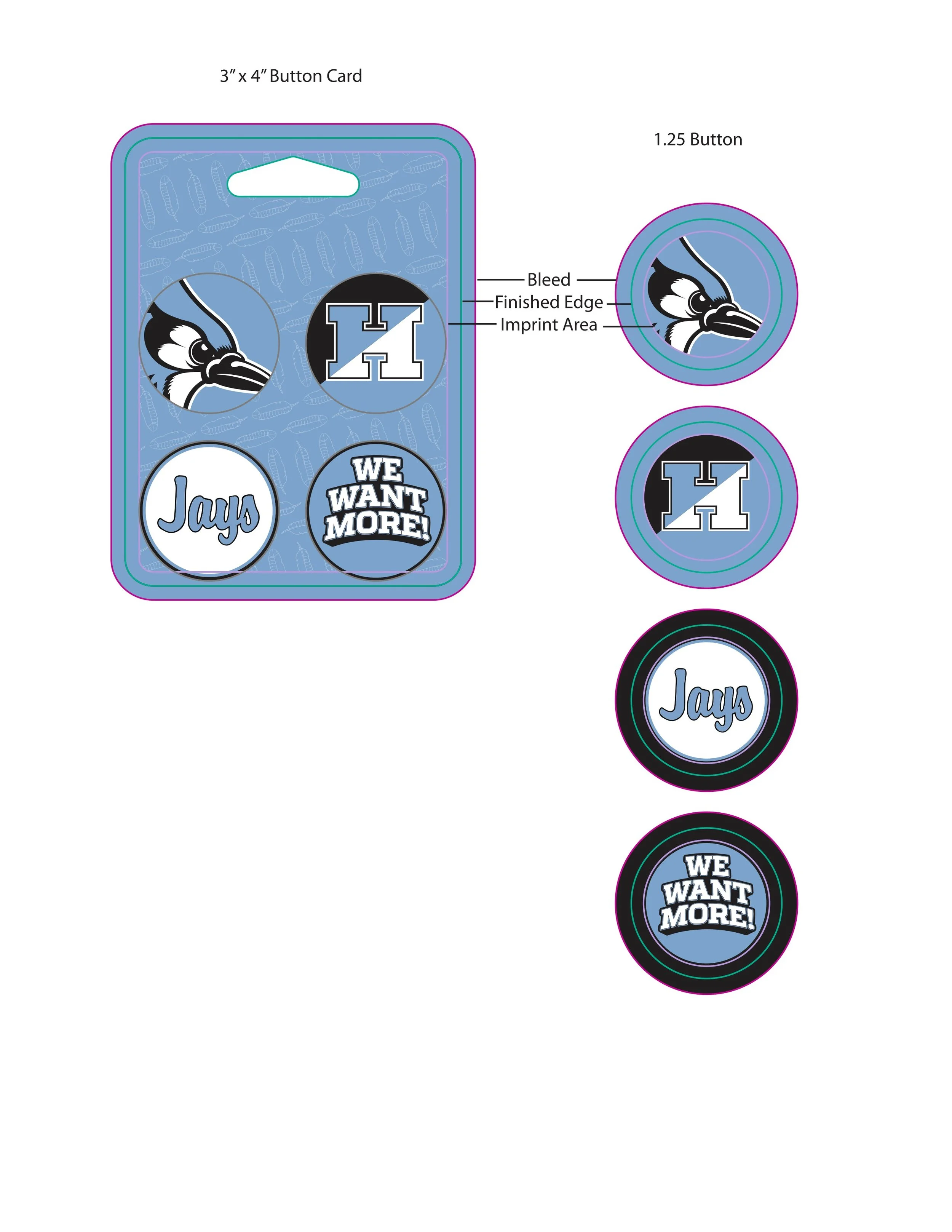 Digital illustration showing the process of creating custom hockey puck buttons from a design template. The template includes four round button templates, one with a bird graphic, one with an 'H' logo, one with the word 'Jays,' and one with the phras