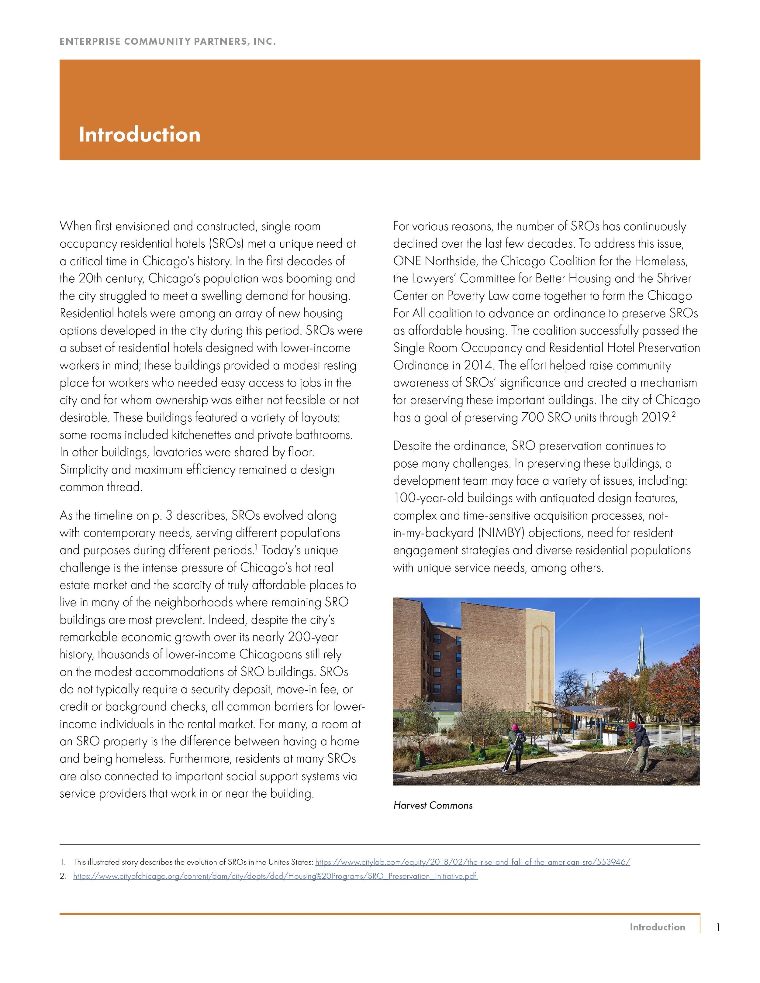 Page from a report titled 'Enterprise Community Partners, Inc.' with the heading 'Introduction'. The page contains text discussing the history and development of single room occupancy (SRO) buildings in Chicago, including efforts to preserve these bu