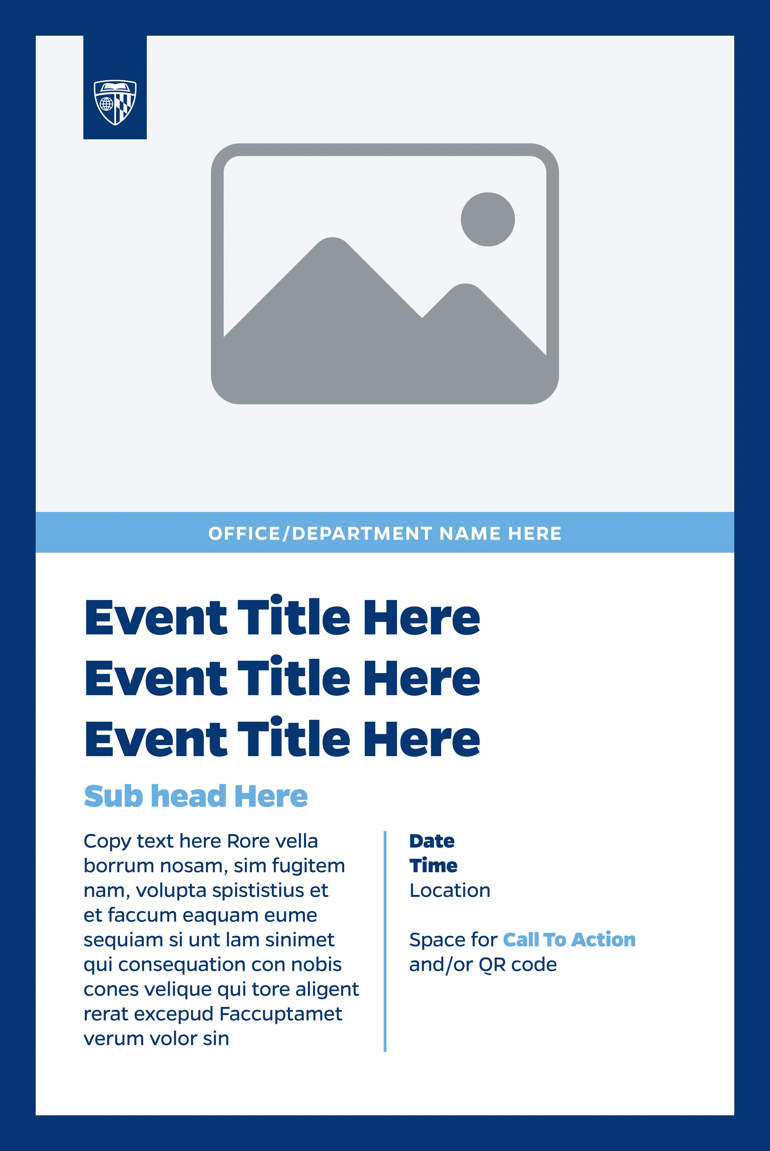 Event flyer template with placeholder text for event title, date, time, location, and description, featuring a large image icon at the top and a blue and white color scheme.