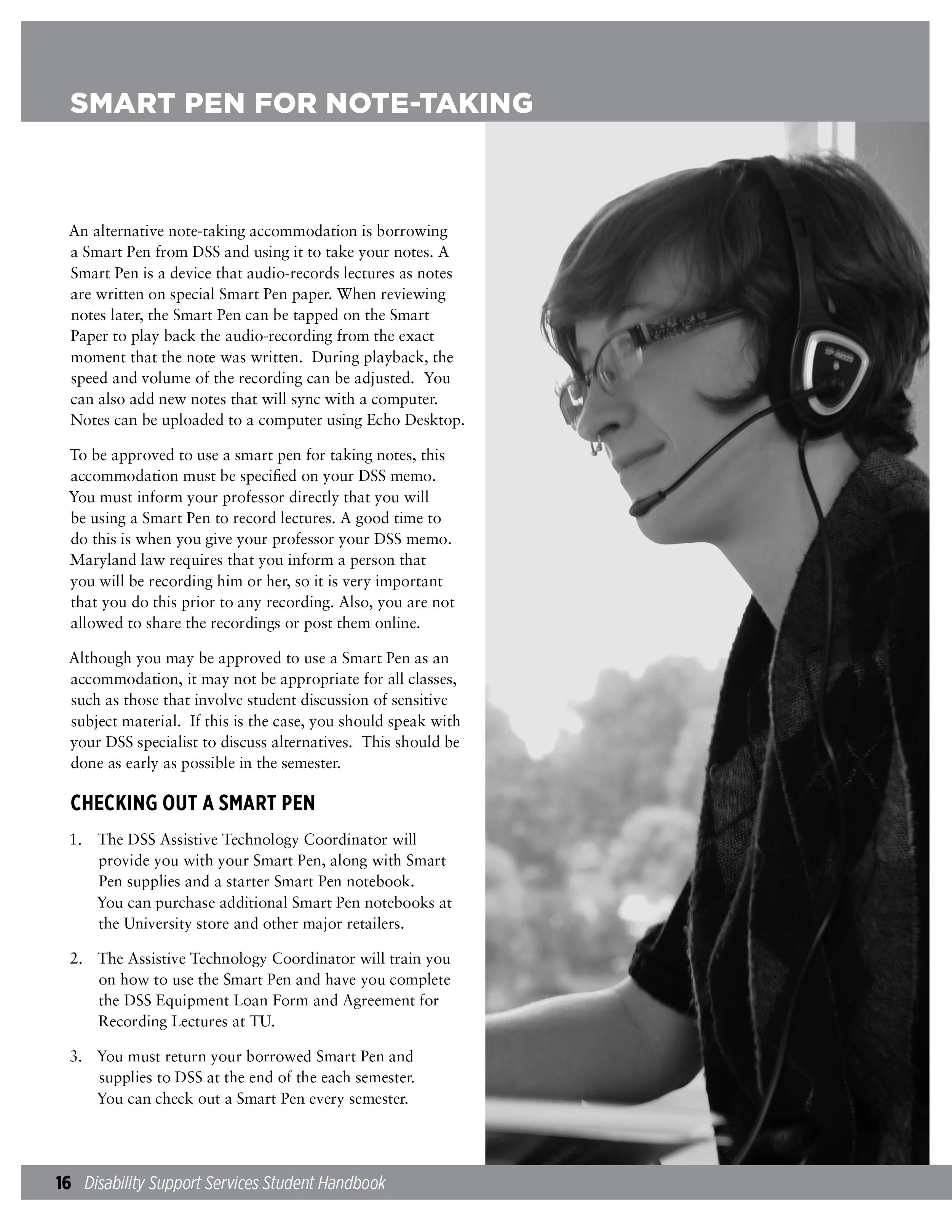 A woman wearing glasses and a headset with a microphone, engaging with a computer outdoors.